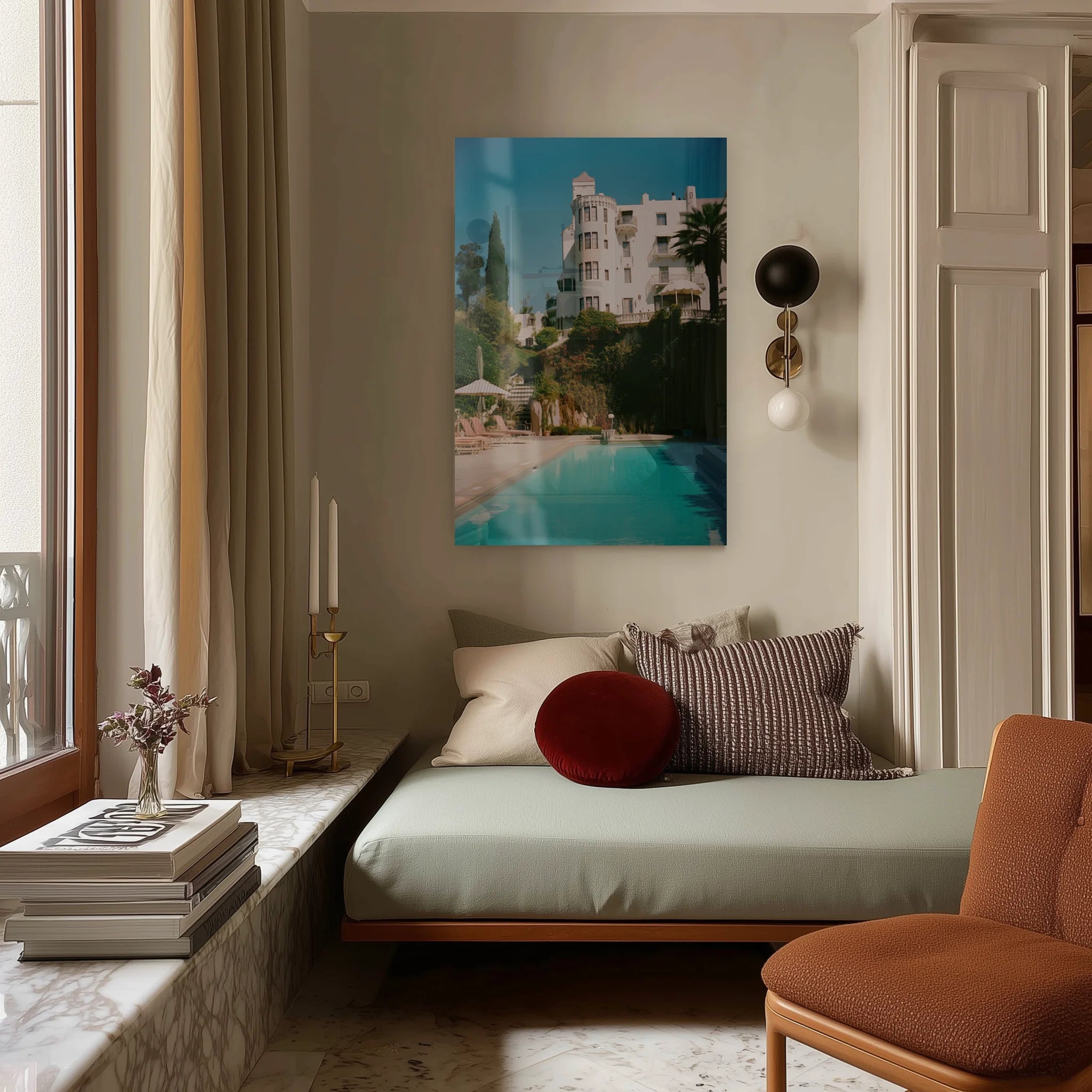 80's Hollywood 5 in a warm minimalist hallway, pool blues against pale oak floor