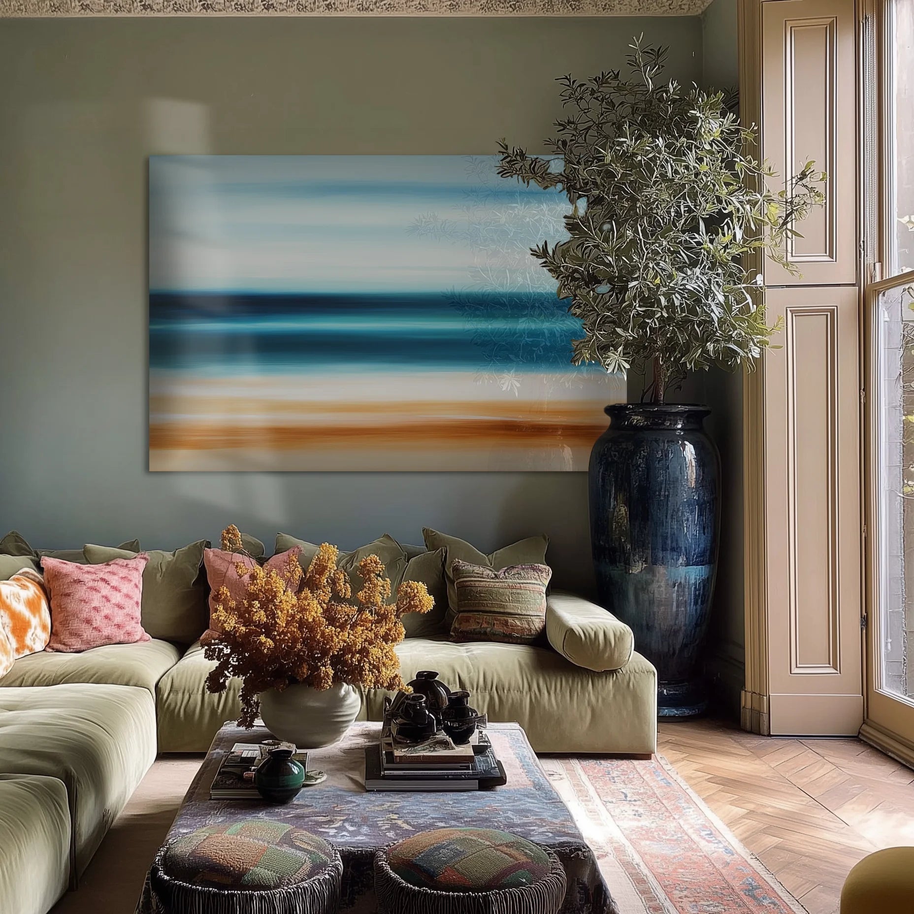 Abstract Costal Landscape 1 in a coastal-toned home office with a brass desk lamp