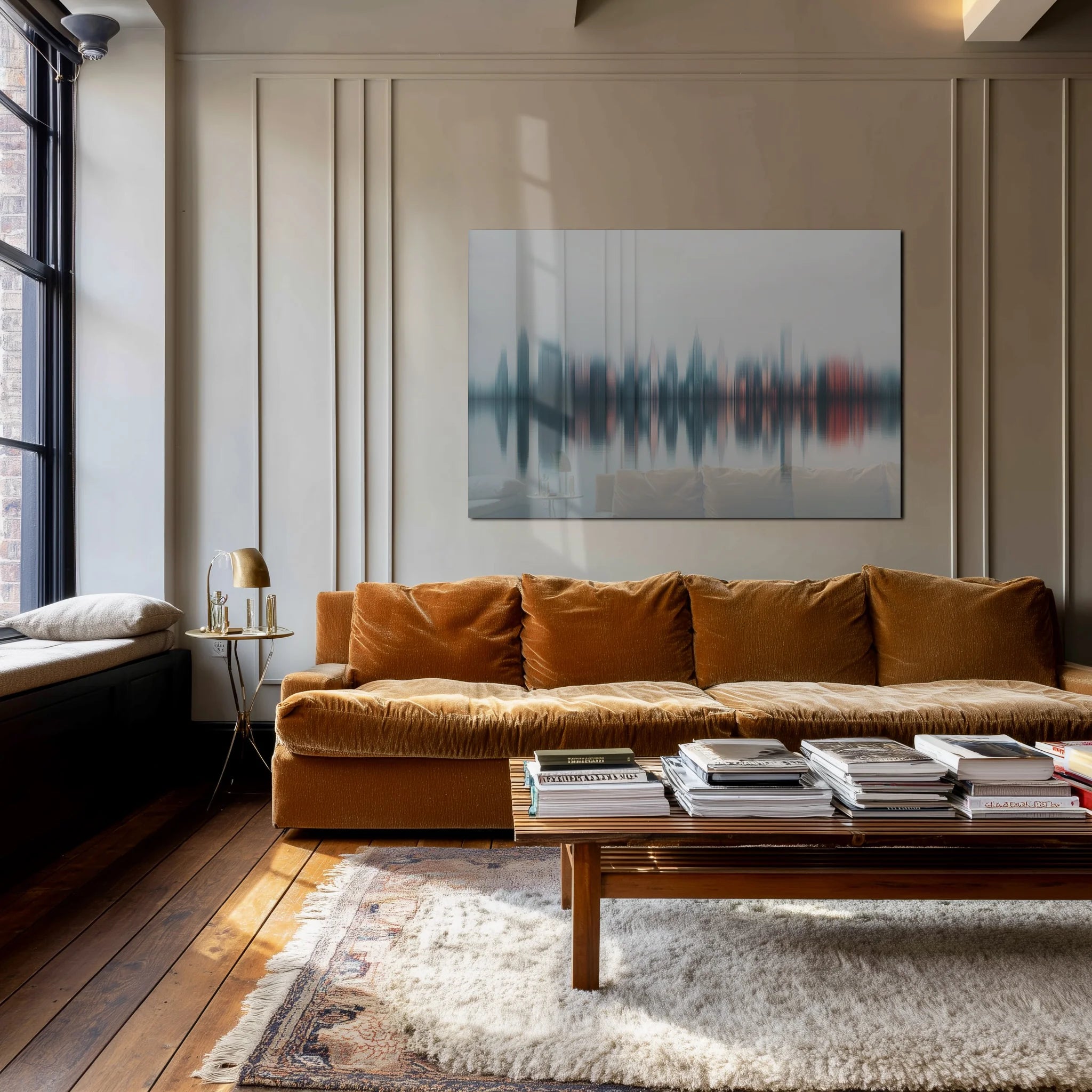 Blurry City #1 — abstract city skyline wall art in an interior scene 2
