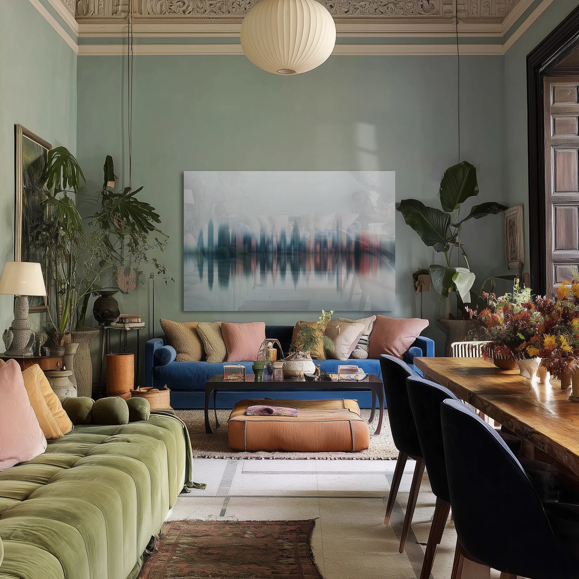 Blurry City #1 — abstract city skyline wall art in an interior scene 3