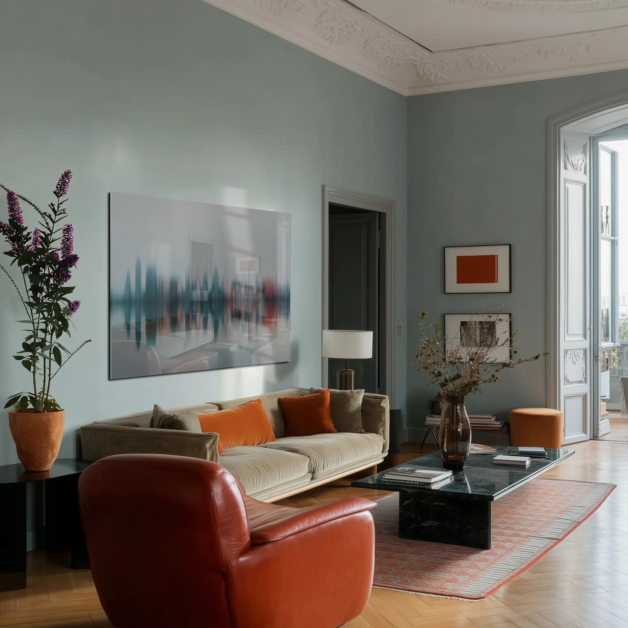 Blurry City #1 — abstract city skyline wall art in an interior scene 5