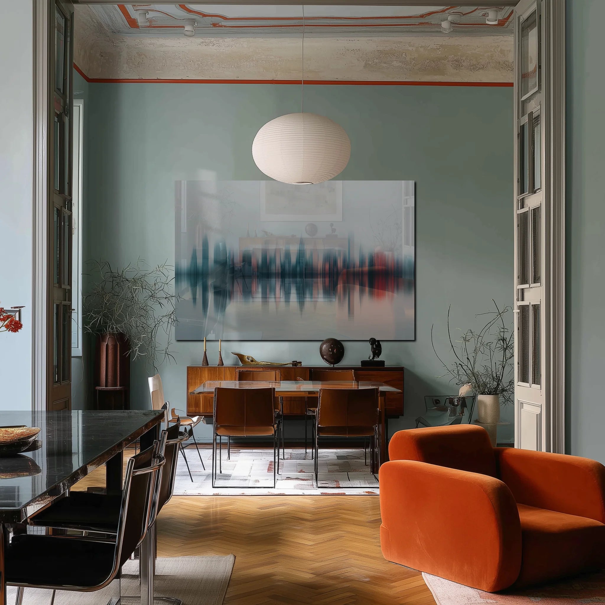 Blurry City #1 — abstract city skyline wall art in an interior scene 8