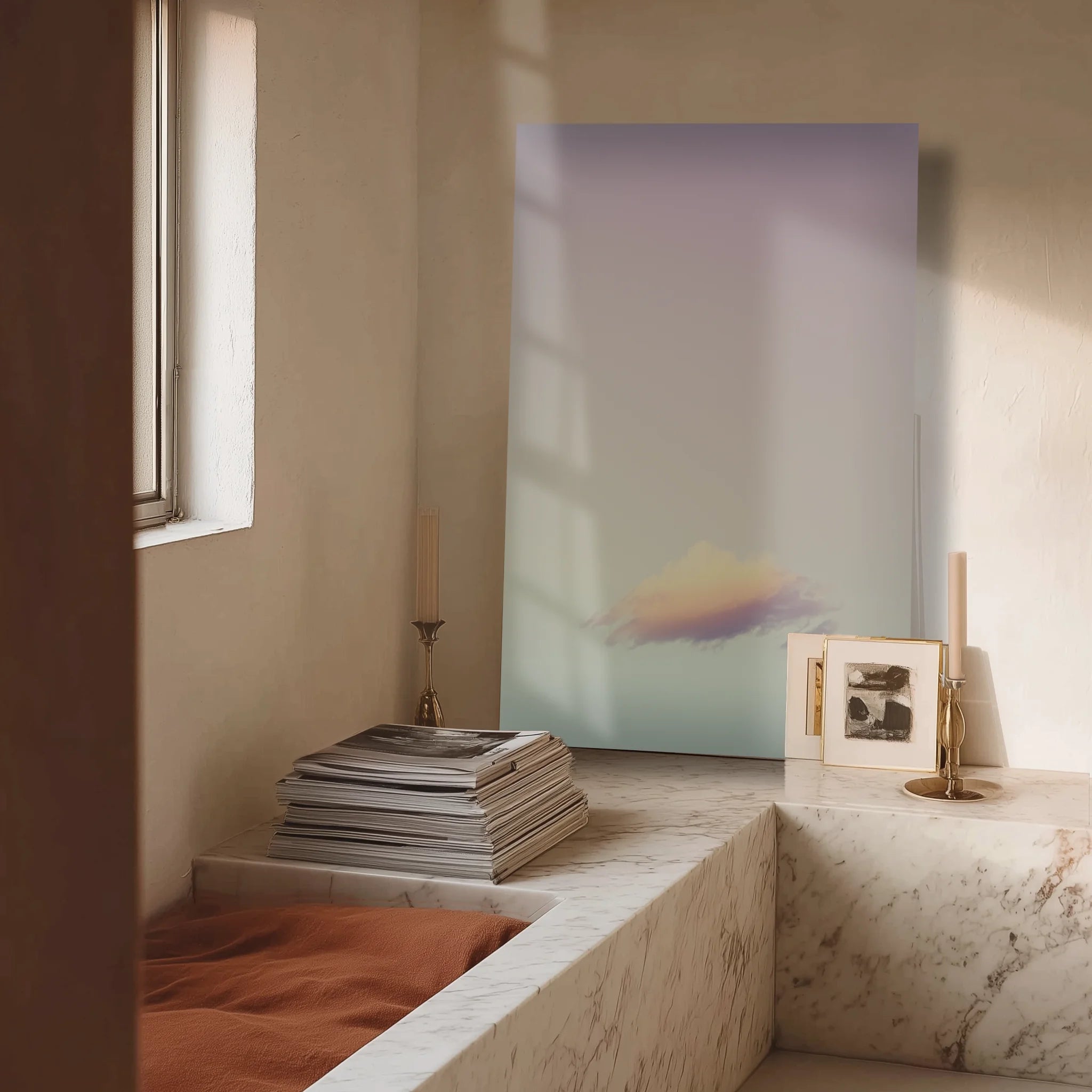 Cloudy Dream 2 in a creative studio corner near a paper-shaded floor lamp