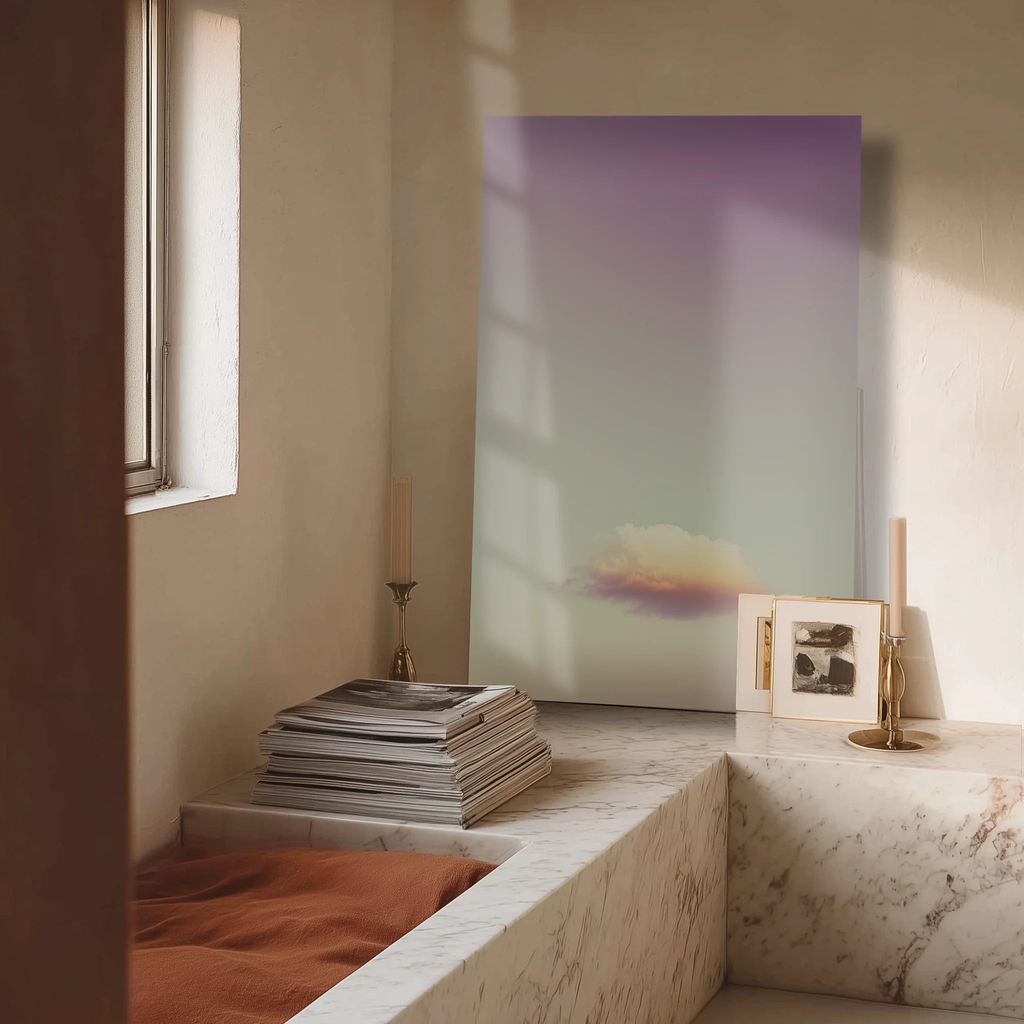 Cloudy Dream 3 in a creative studio above a writing desk and tan leather chair