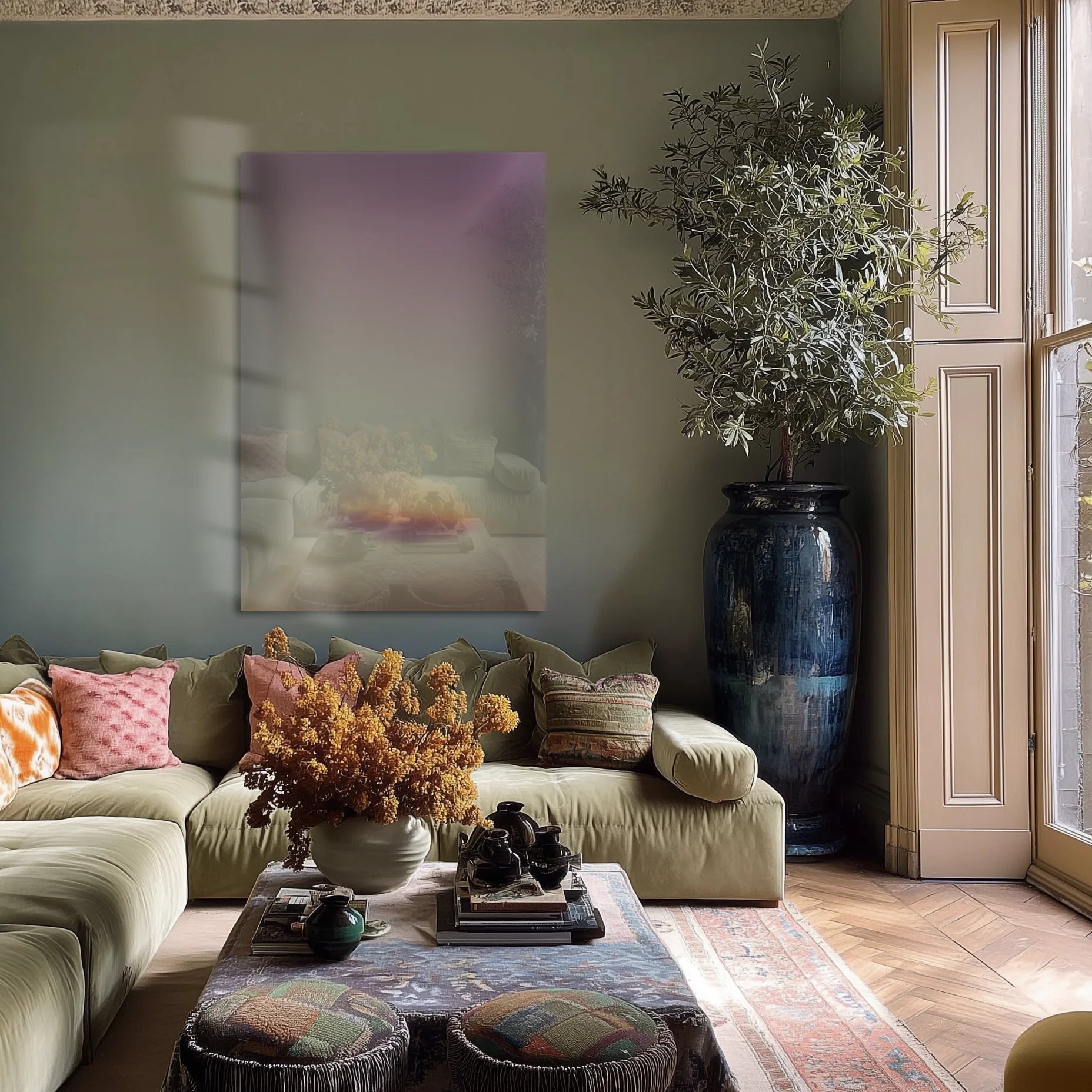 Cloudy Dream 3 in a quiet meditation room with cream walls and a rattan stool