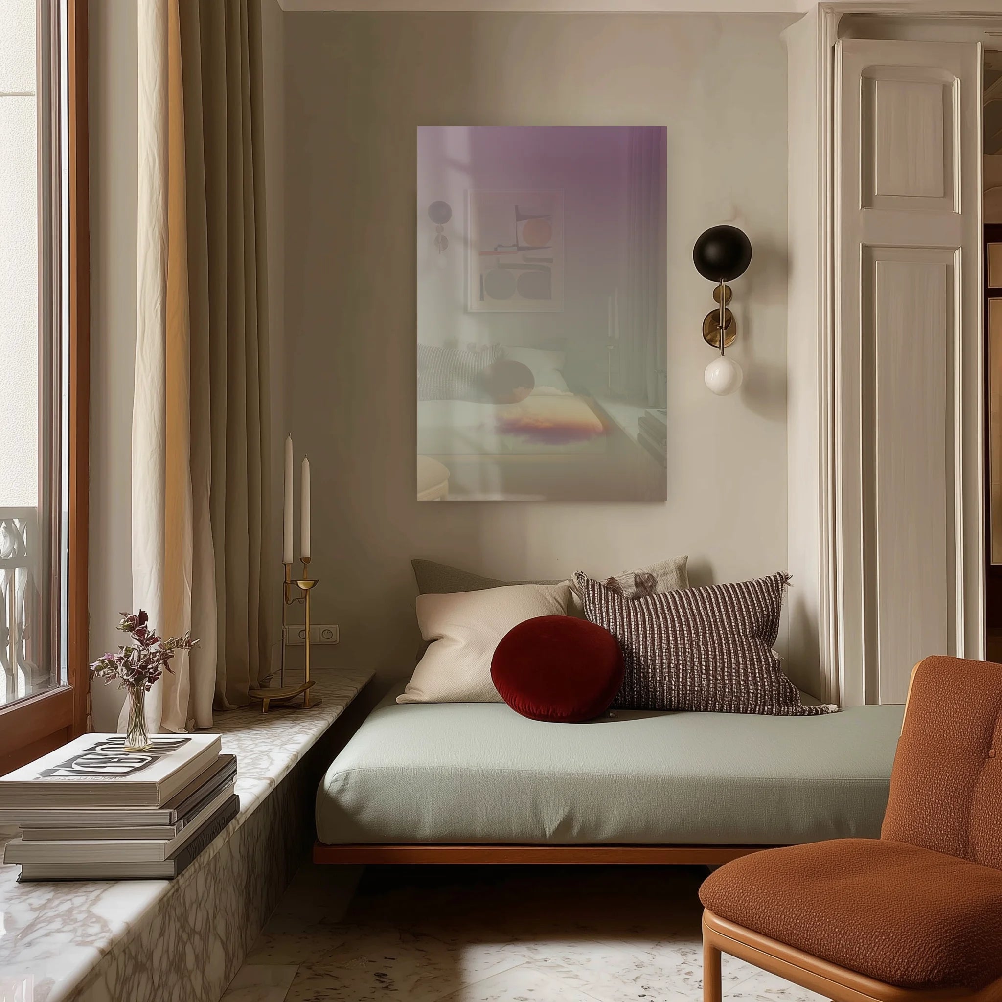 Cloudy Dream 3 above a marble console in a sunlit entrance hallway