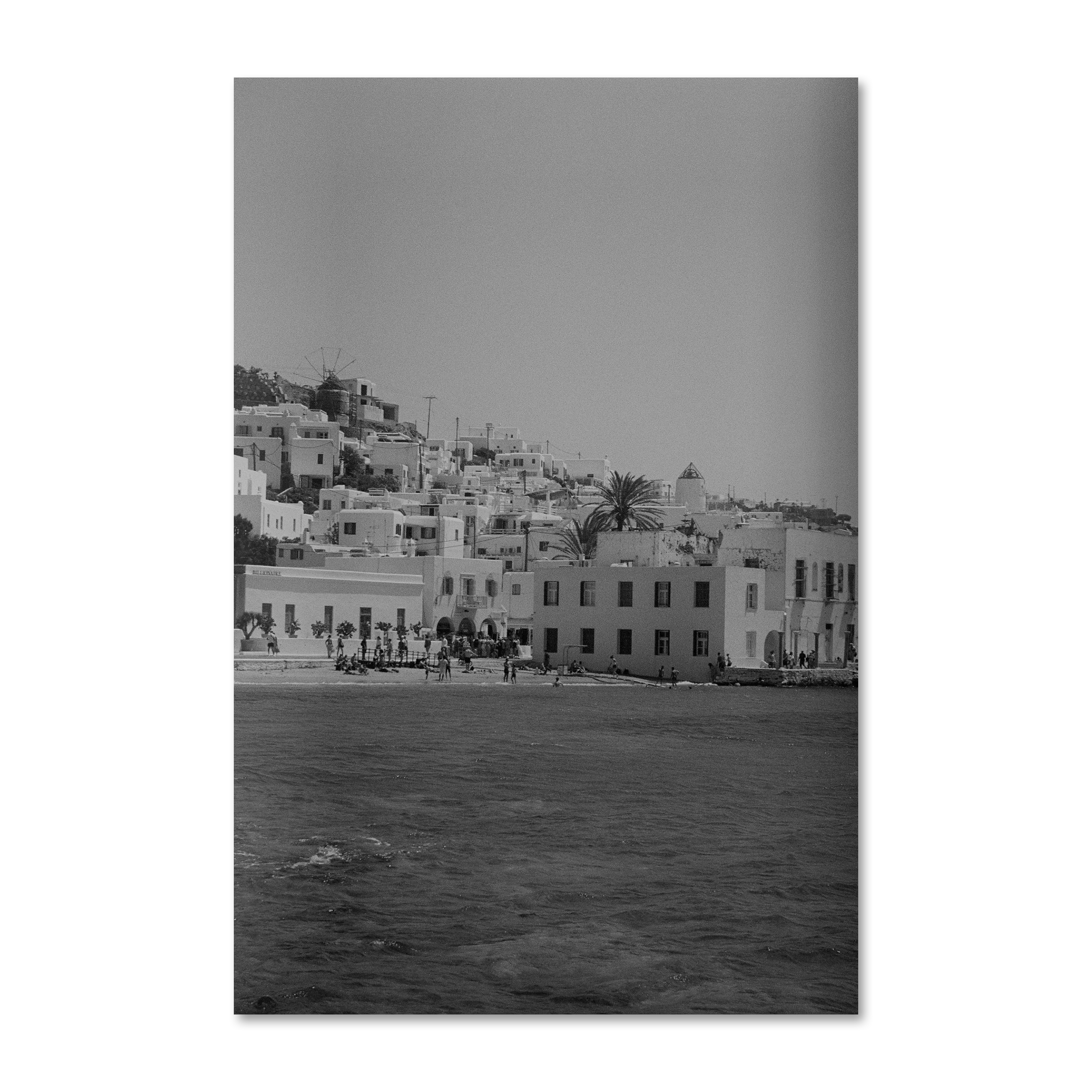 Colonnade — Mykonos hillside in black and white, frameless Alu-Dibond wall print