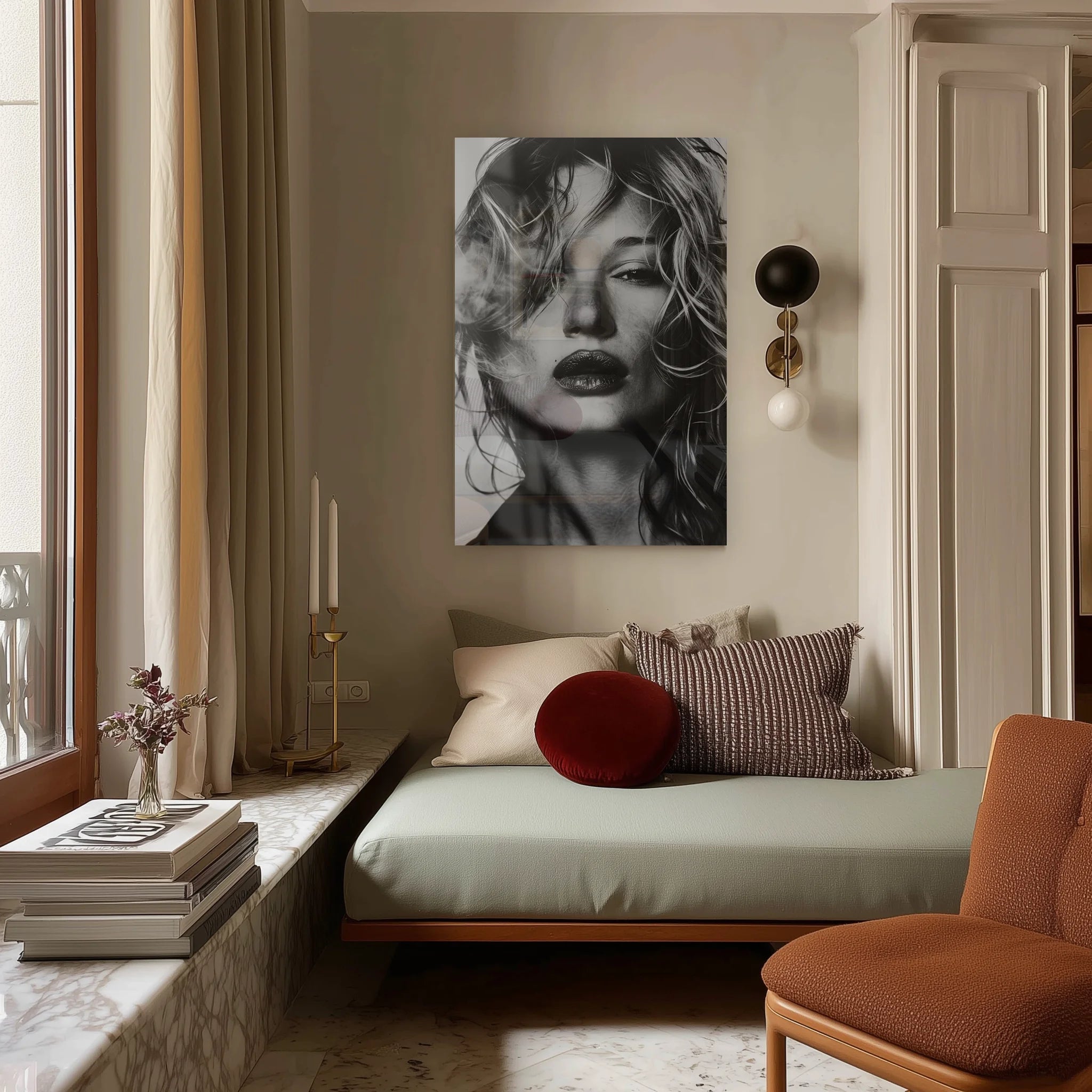 Dark Allure #1 — above a sofa in a warm-toned living room