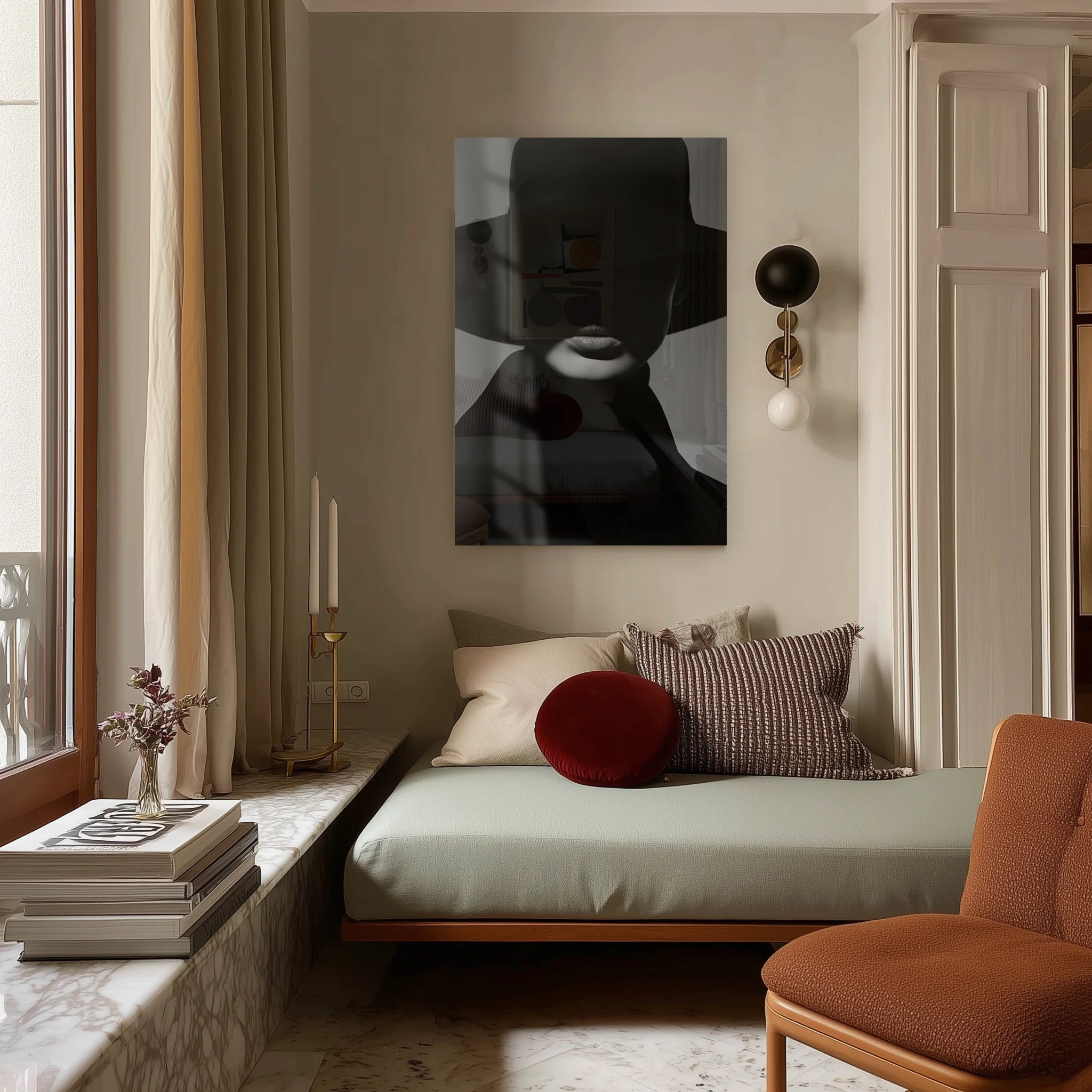 Dark Allure #2 — above a sofa in a warm-toned living room