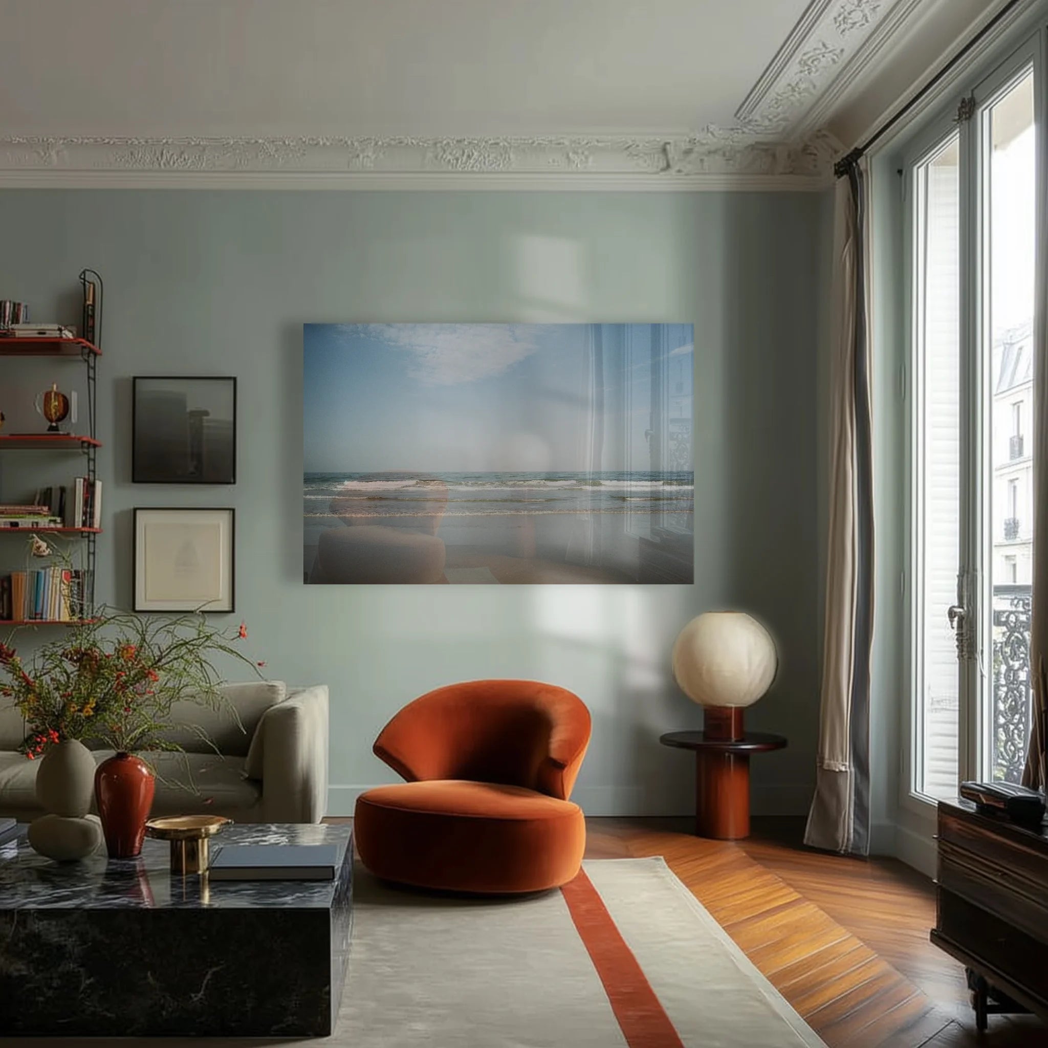 Distant Village above a low bed in a quiet bedroom in warm taupe tones
