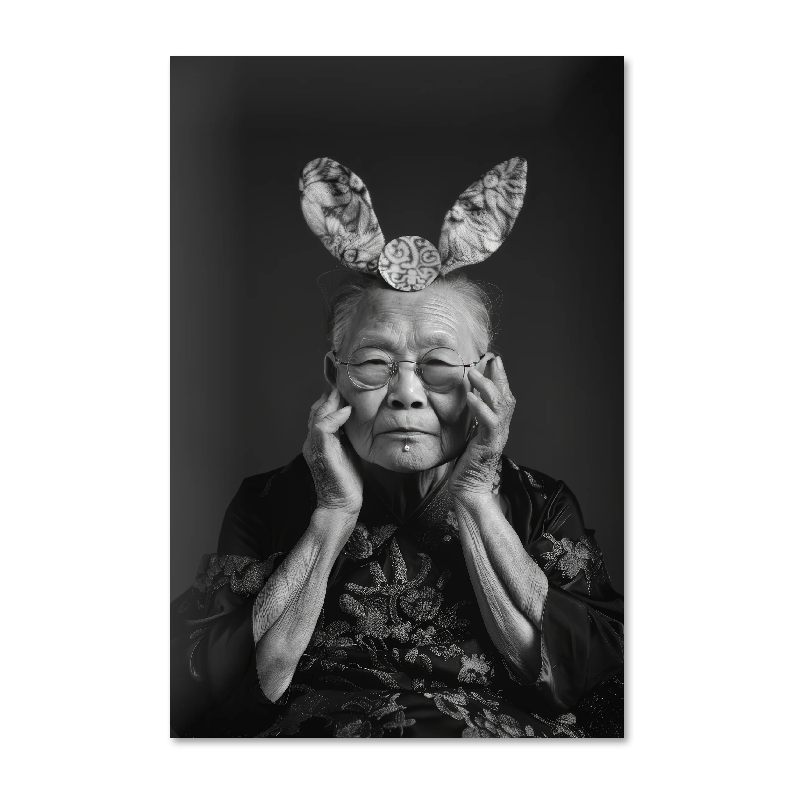 Elder's Whimsy 1 — black and white editorial portrait wall art on frameless Alu-Dibond