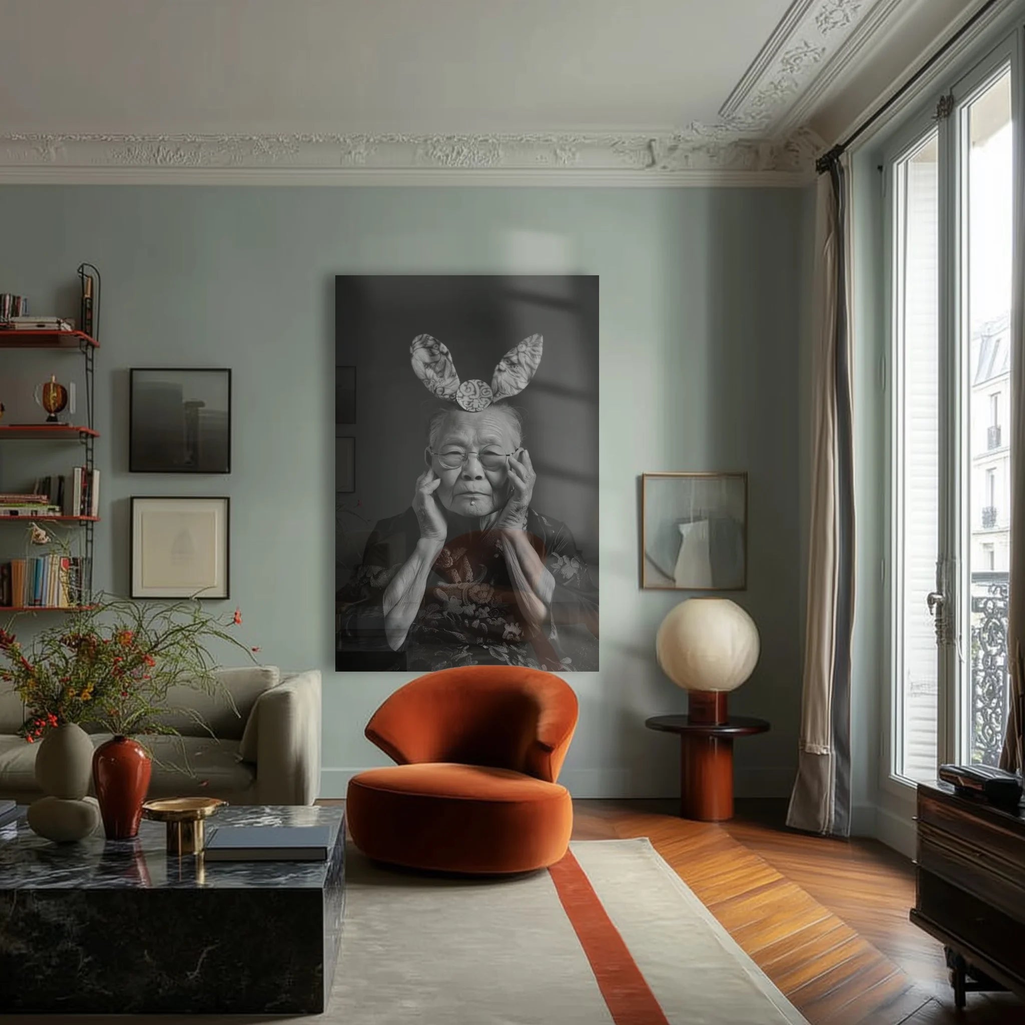 Elder's Whimsy 1 above a walnut credenza in a warm Berlin altbau living room