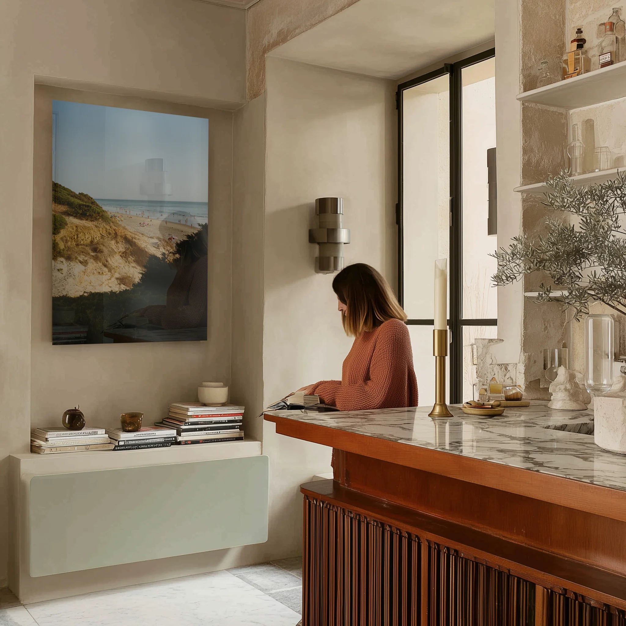Emerald Coast over a walnut sideboard in a calm earth-toned dining room