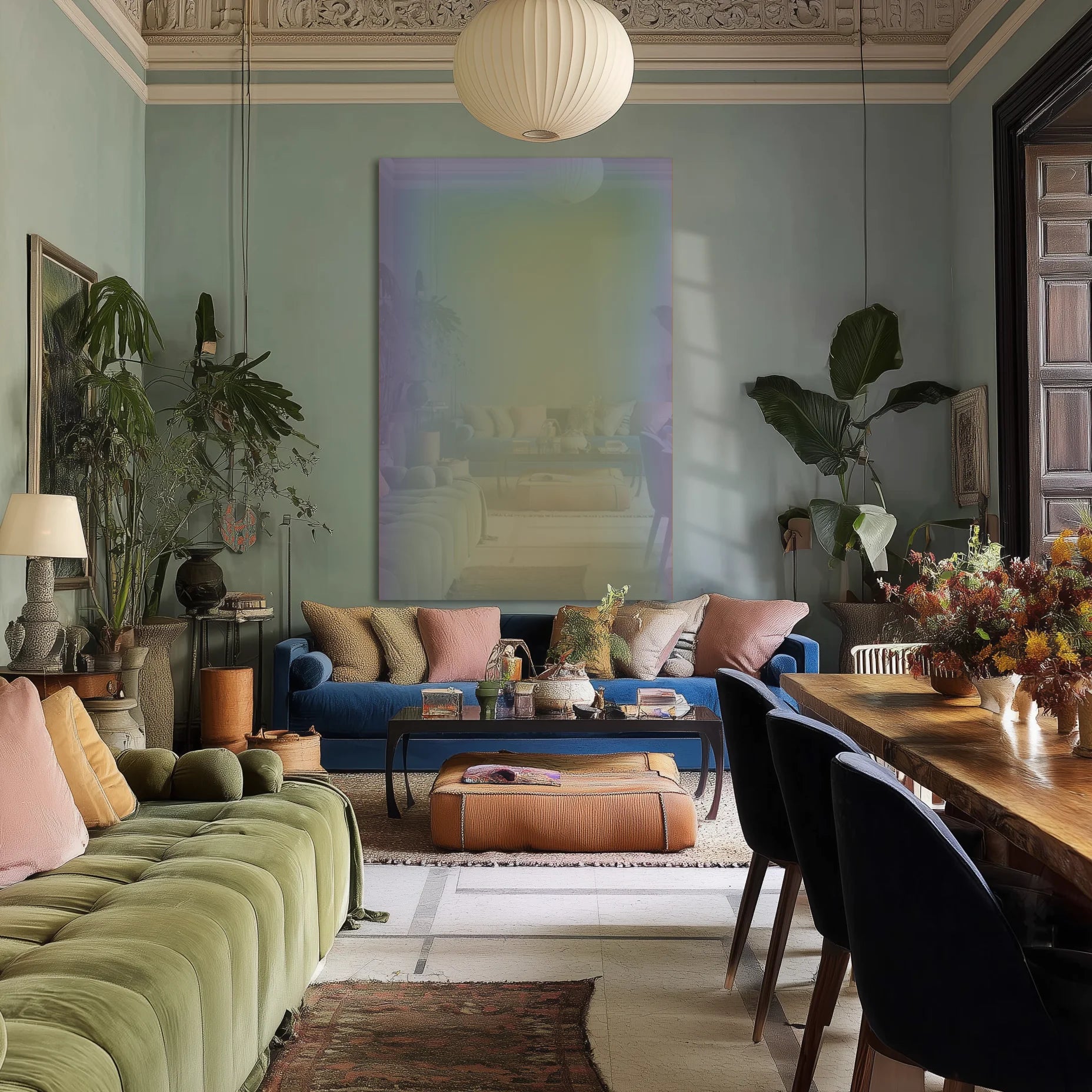 Get Lucky 8 above a linen sofa in a sun-warmed Berlin altbau living room