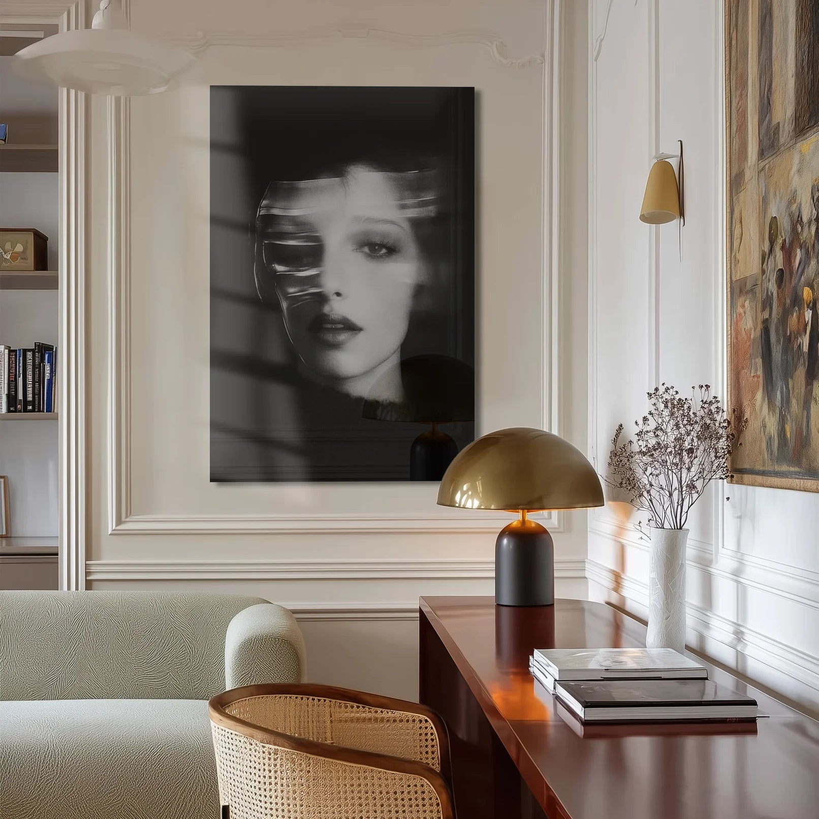 Ghosts Within 1 hung at the dim end of a long hallway with oak flooring