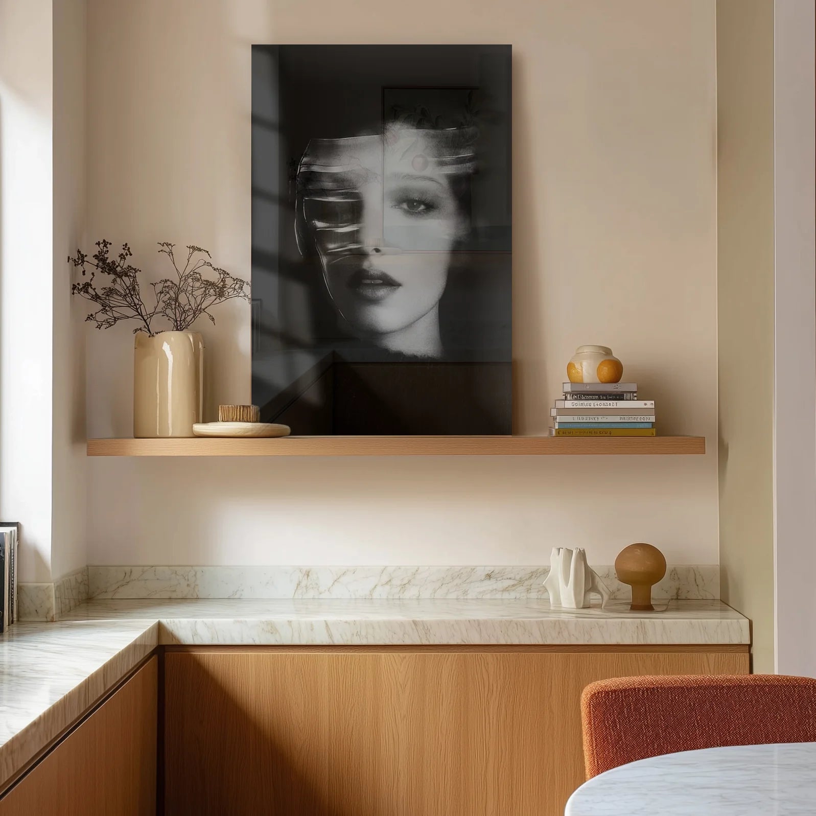 Ghosts Within 1 anchoring a quiet entryway with a black console table
