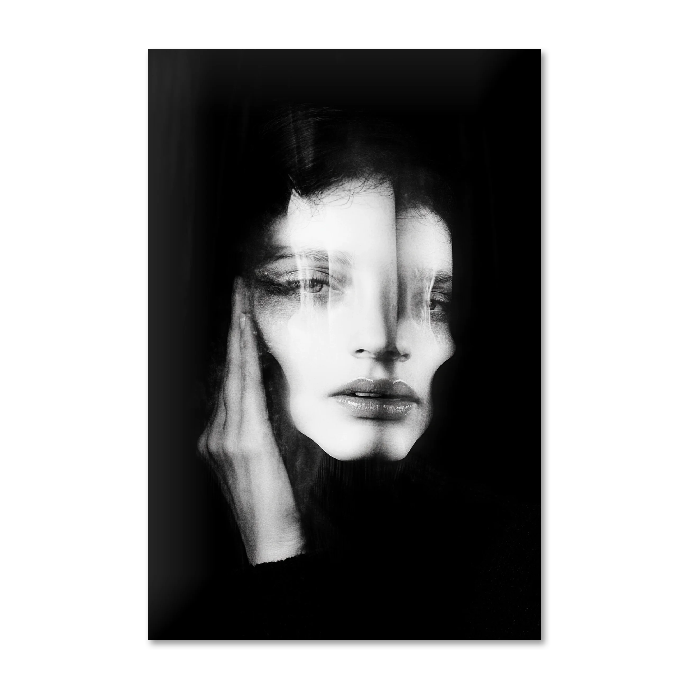 Ghosts Within 2 — ethereal black and white double-exposure portrait wall art on frameless Alu-Dibond
