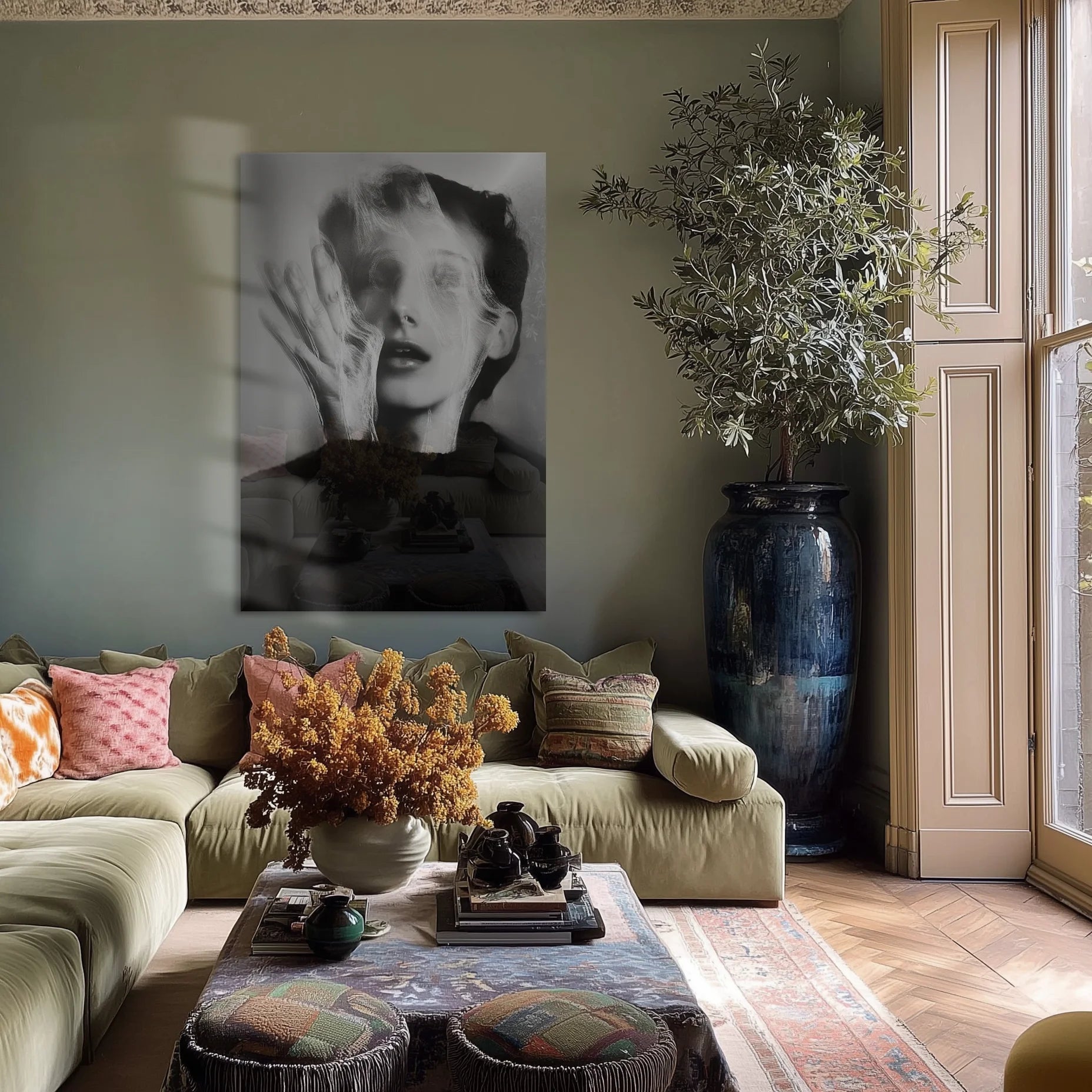 Ghosts Within 4 in a low-light bedroom corner with bouclé chair and brass lamp