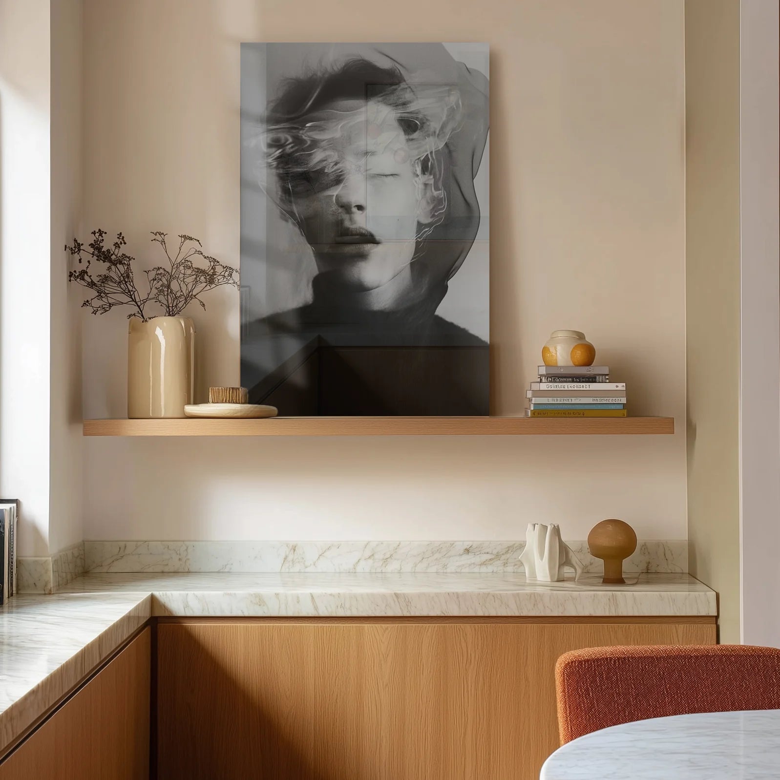 Ghosts Within 5 above a linen sofa in a warm Berlin altbau living room