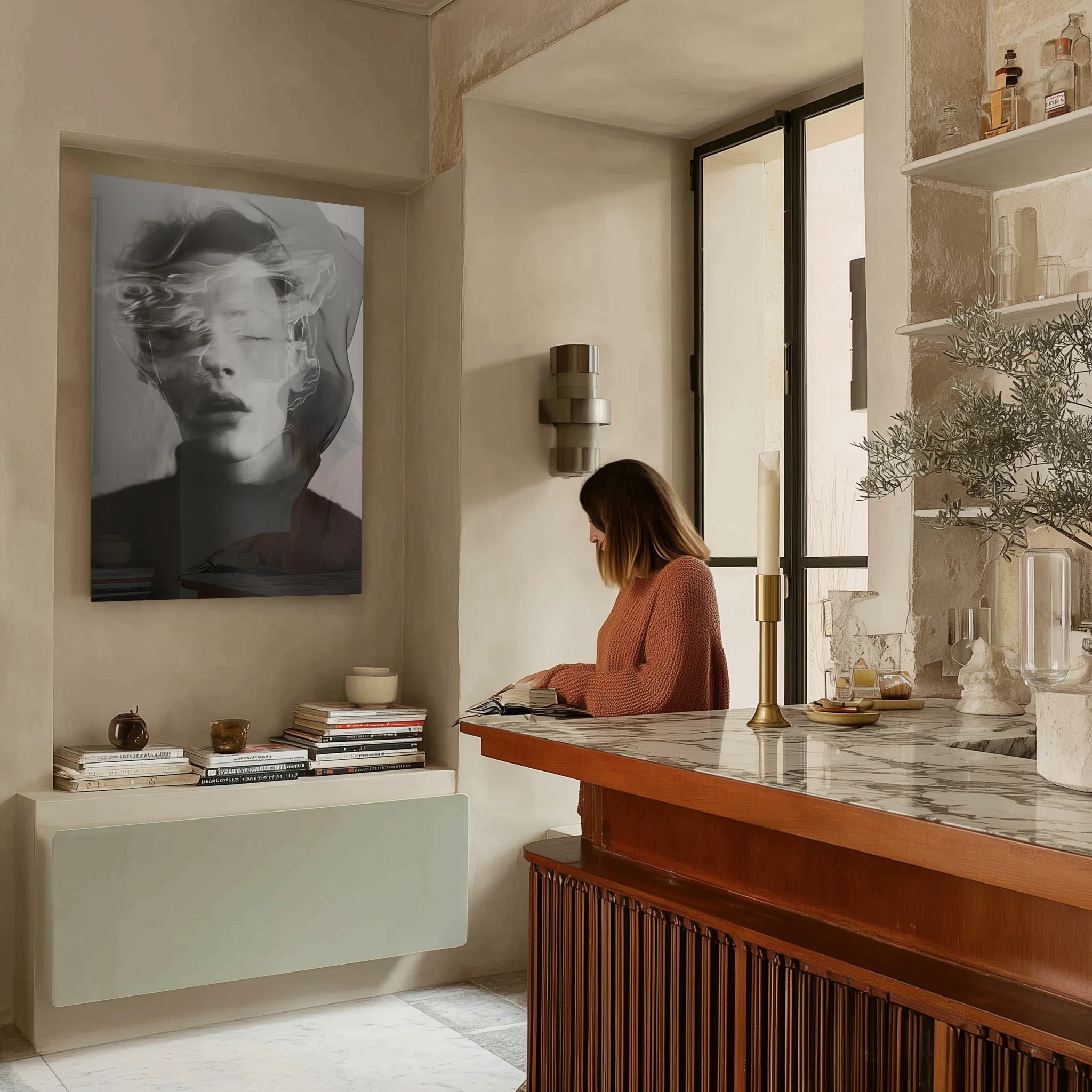 Ghosts Within 5 above a walnut console with ceramic vase in a quiet entryway