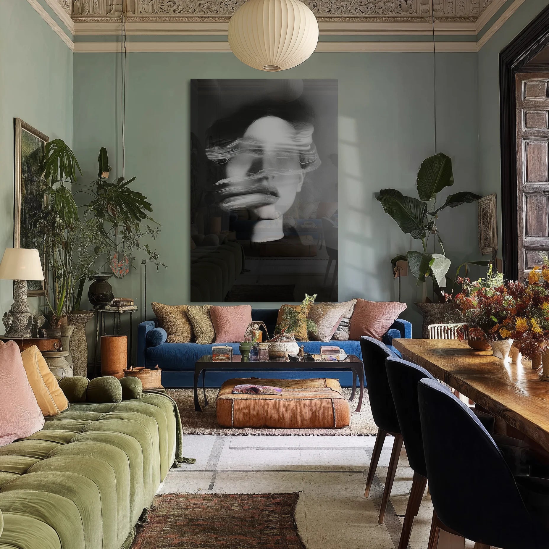 Ghosts Within 7 in a narrow hallway above a slim console and ceramic vase