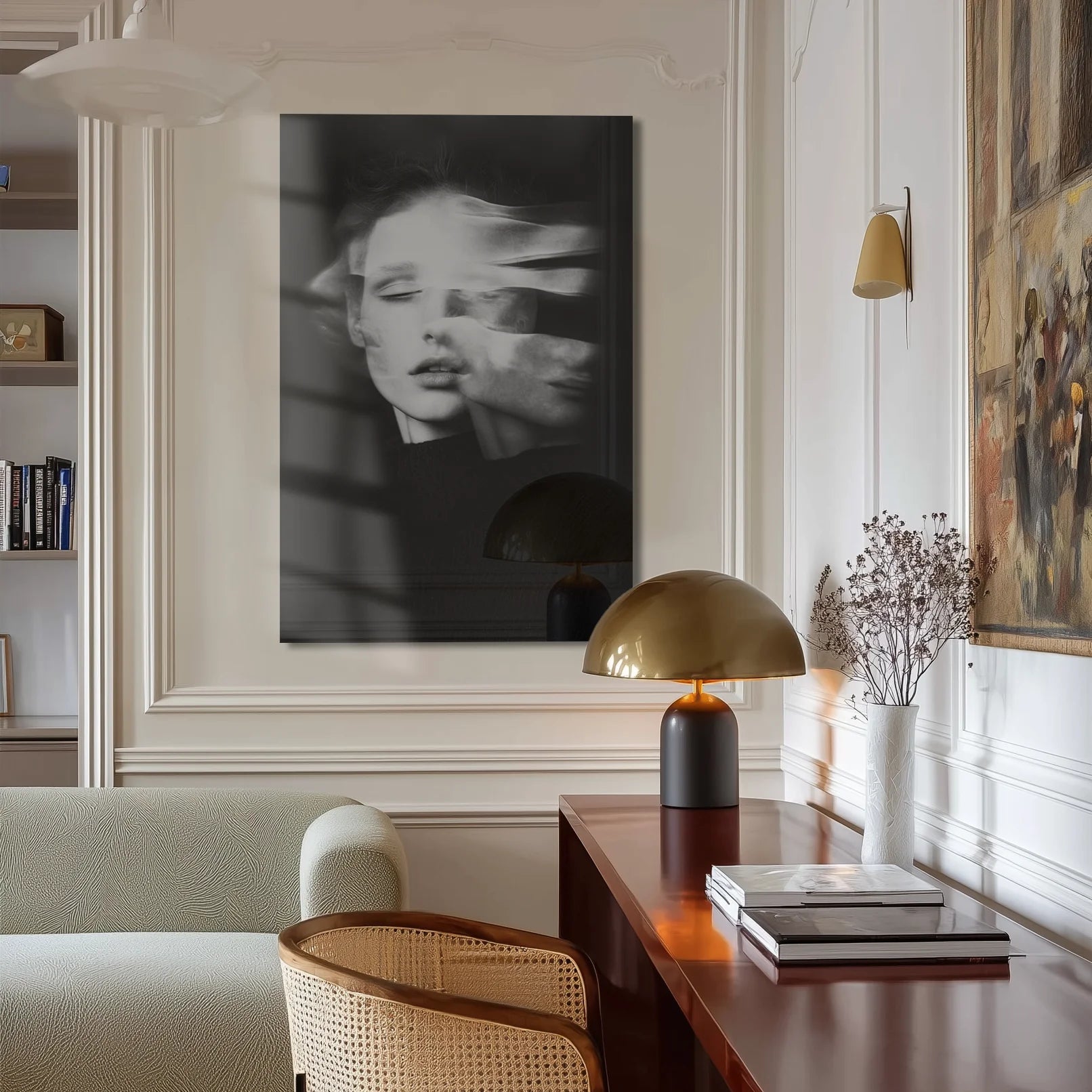 Ghosts Within 8 above a linen sofa in a soft Berlin altbau living room