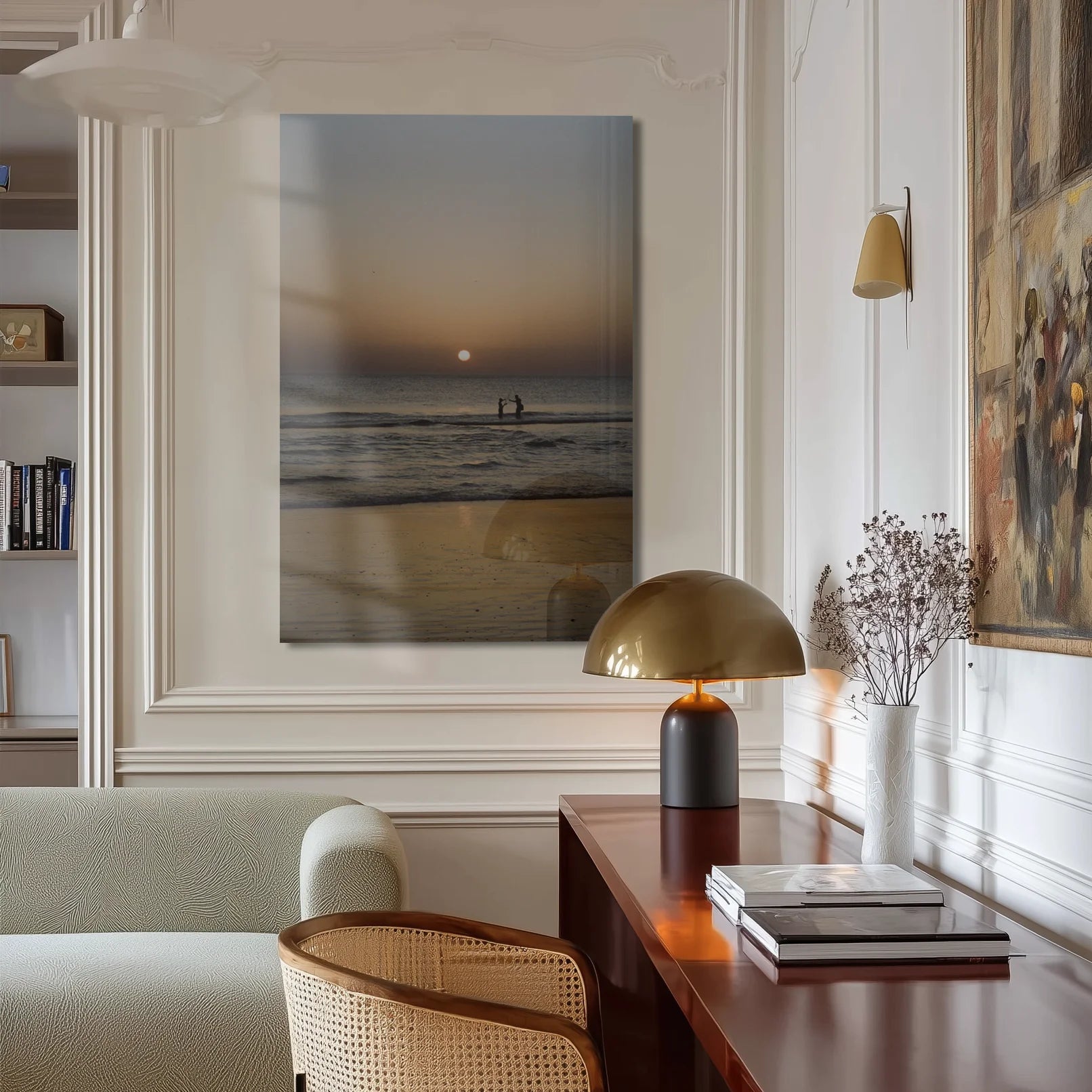 Mediterranean Golden Hour in a coastal-style hallway with pale plaster walls