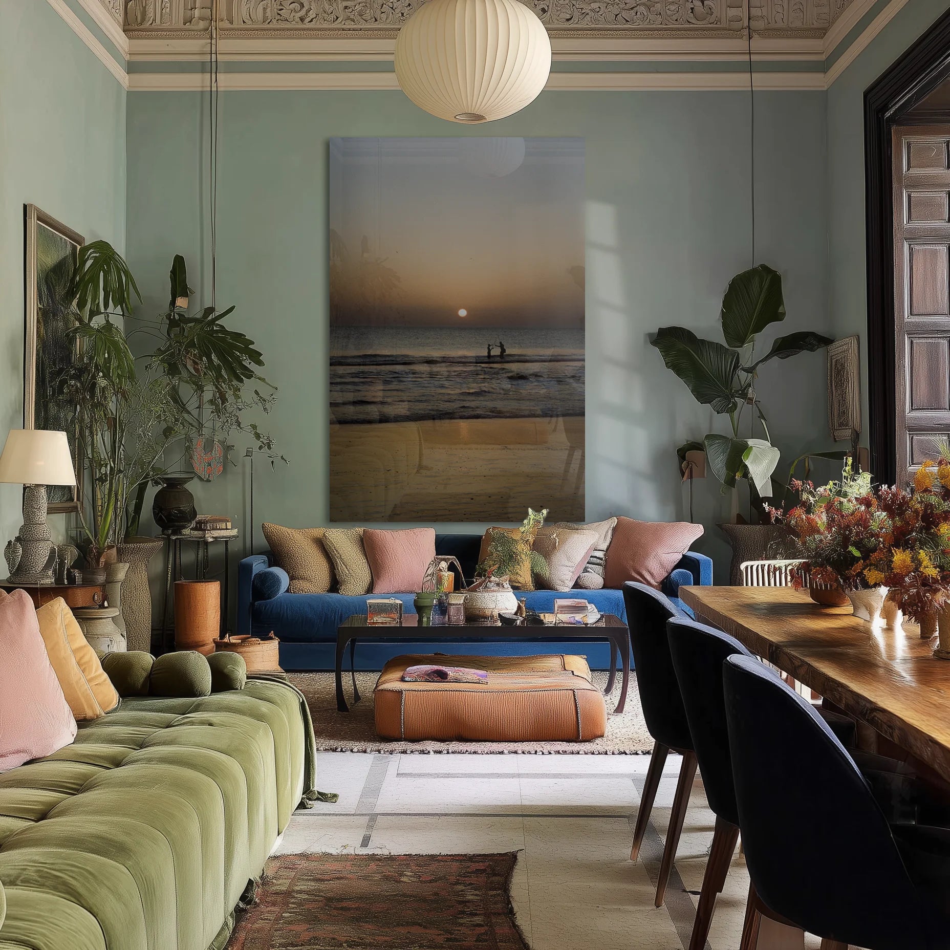 Mediterranean Golden Hour in a calm home office with brass desk lamp and matte wall