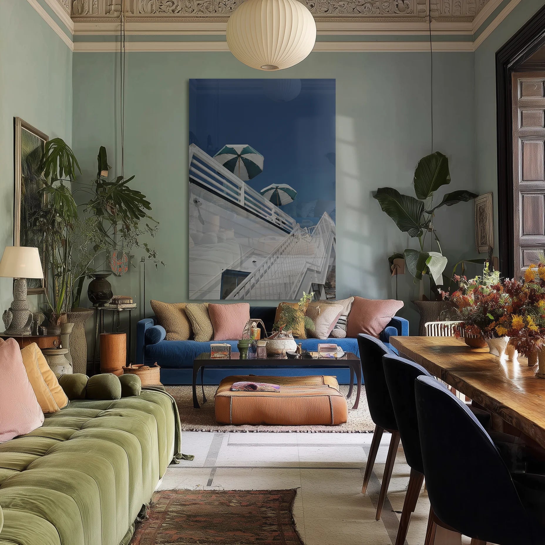 Grand Hotel in a dining nook above a walnut bench, summer afternoon