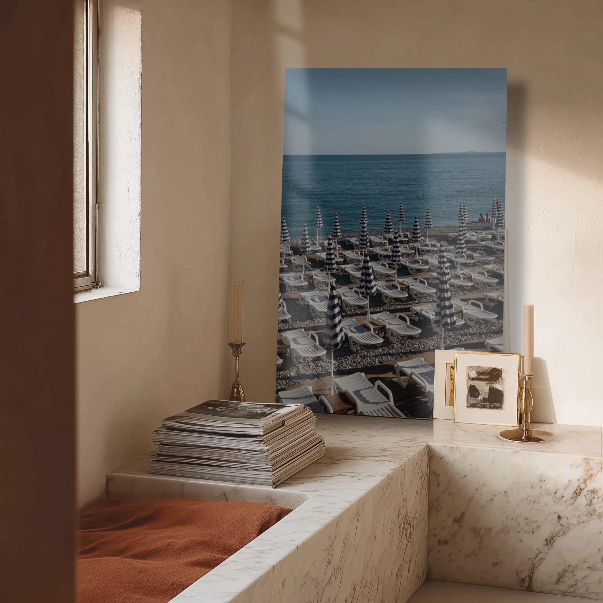 Grande Marina in a dining room with travertine table and bone-white walls