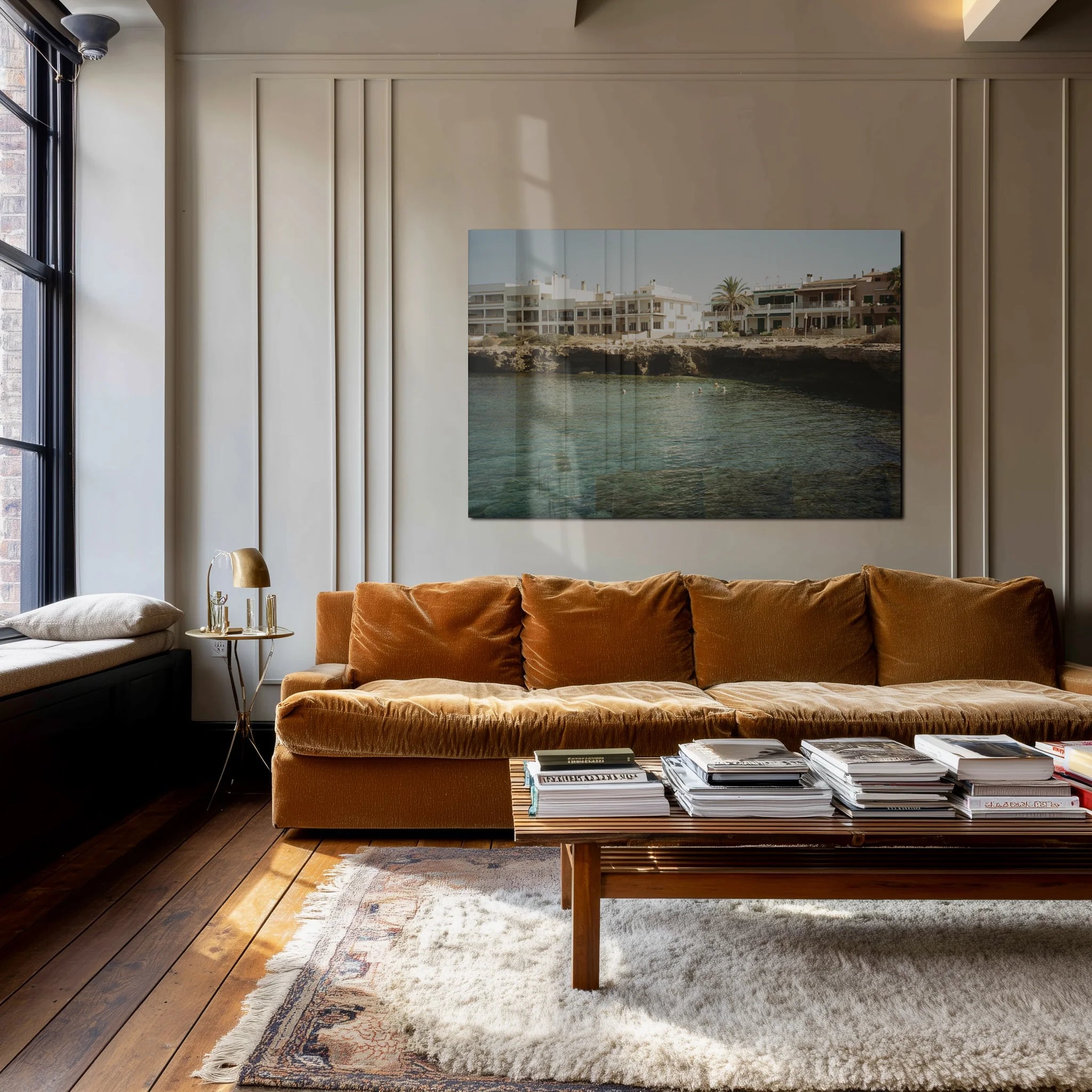 Hotel Mediterraneo on a bedroom wall above natural-linen bedding, soft morning light