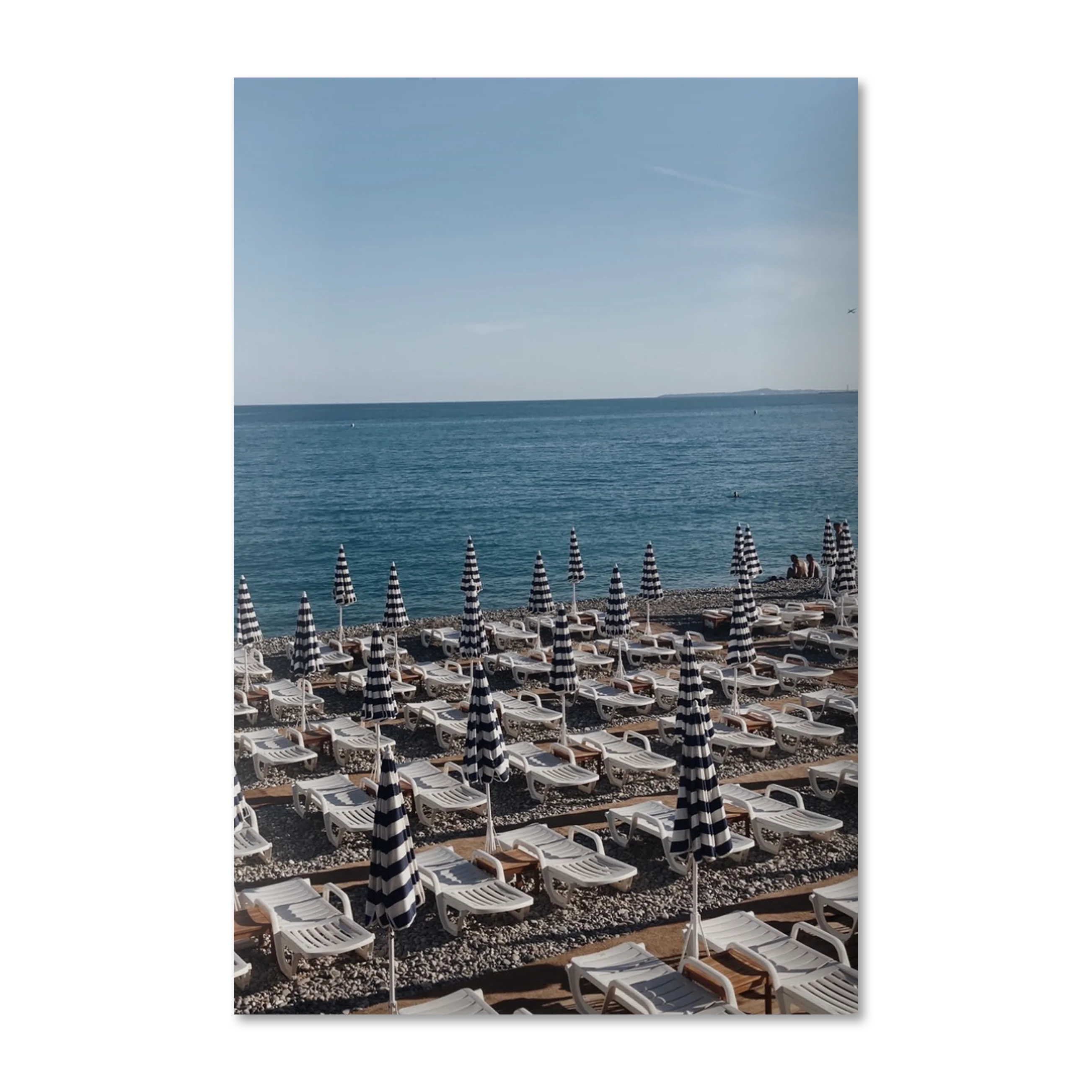 Il Porto by Frida — Mediterranean coastal wall art print on frameless Alu-Dibond, striped parasols at Nice
