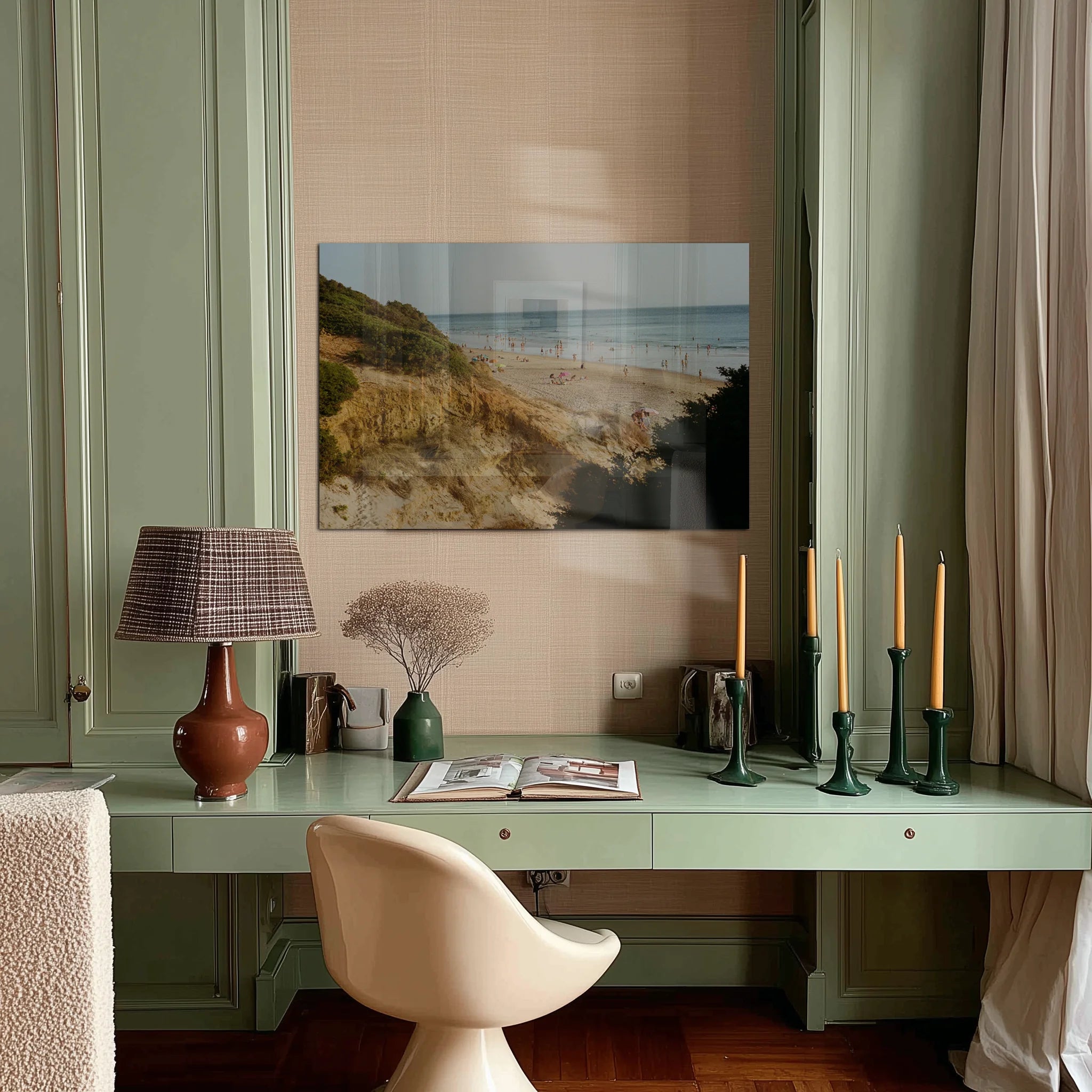 La Grotta in a quiet hallway with white walls and a slim console table