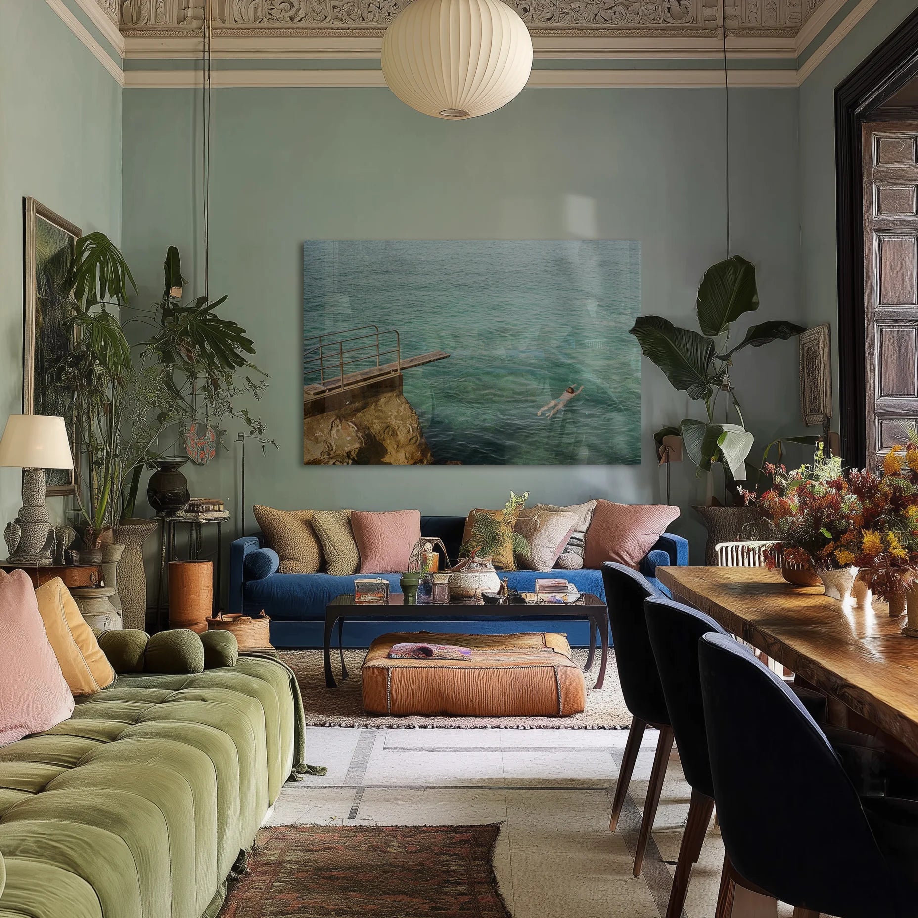 Mediterranean 2 above a linen sofa in a sunlit Berlin altbau living room