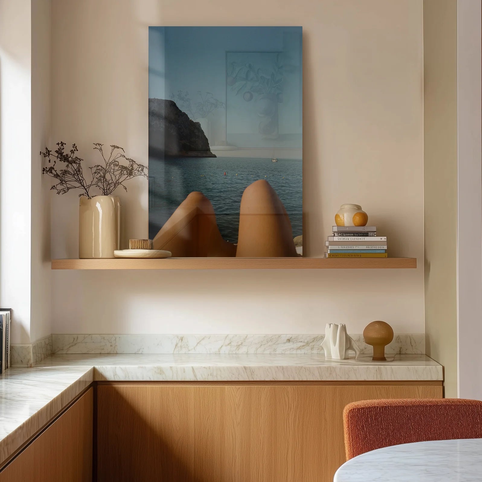 Mediterranean Monte Nero above a cream linen sofa in a sunlit Berlin altbau living room