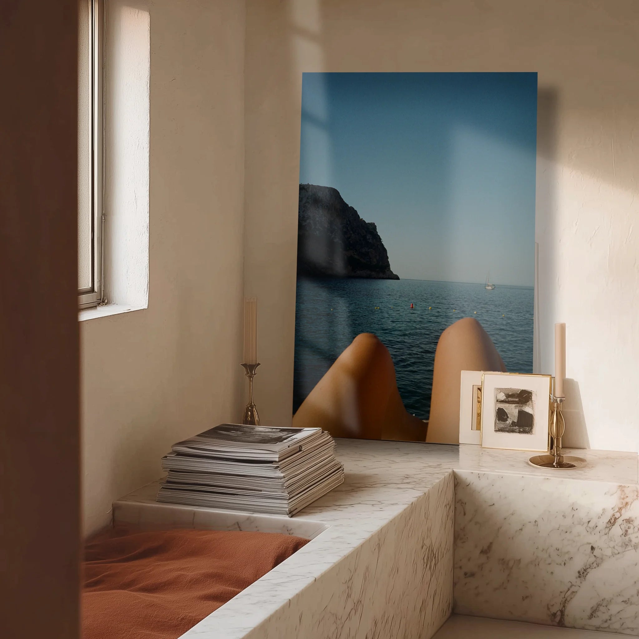 Mediterranean Monte Nero in a quiet bedroom with oak headboard and warm afternoon light