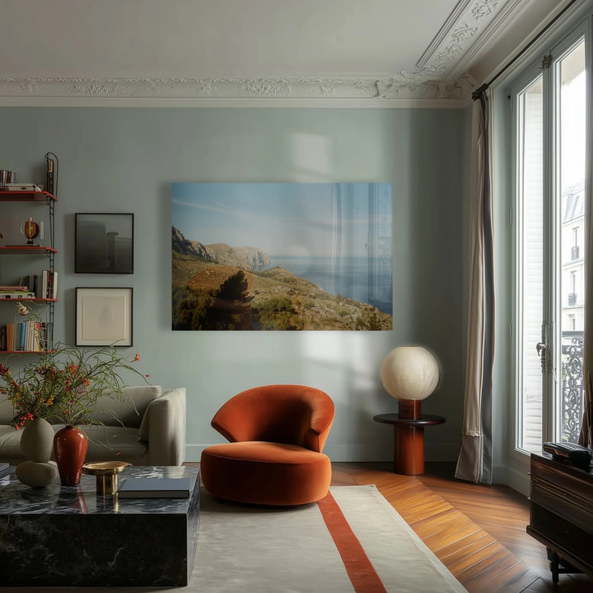 Oasis in a study with vintage desk lamp and a worn leather reading chair