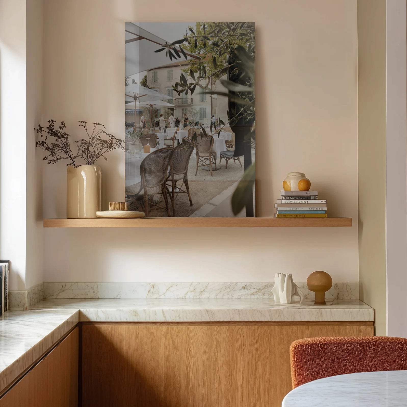 Mediterranean Olive Hour in a minimalist marble kitchen, soft afternoon light
