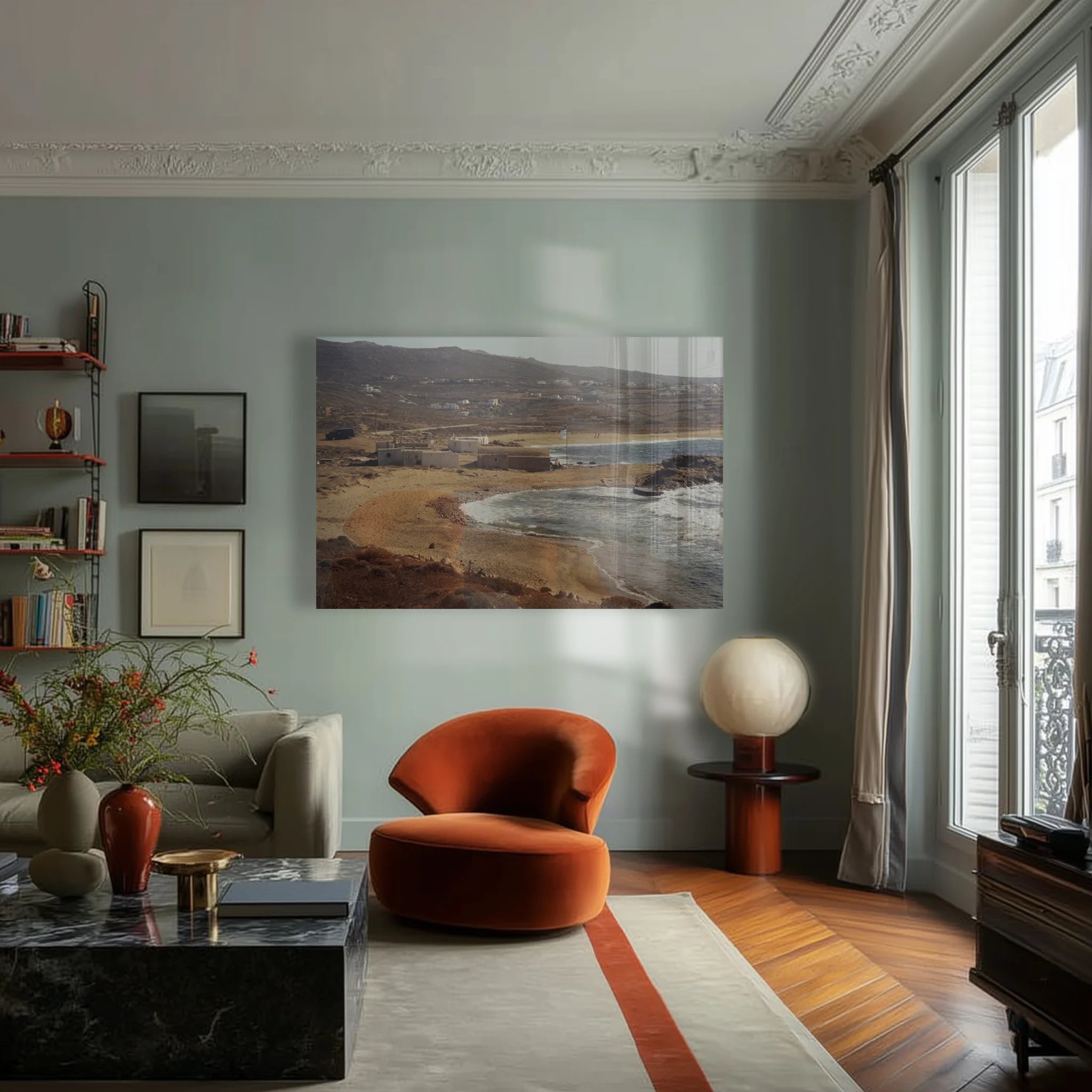 Palm Coast in a warm hallway between two travertine console tables