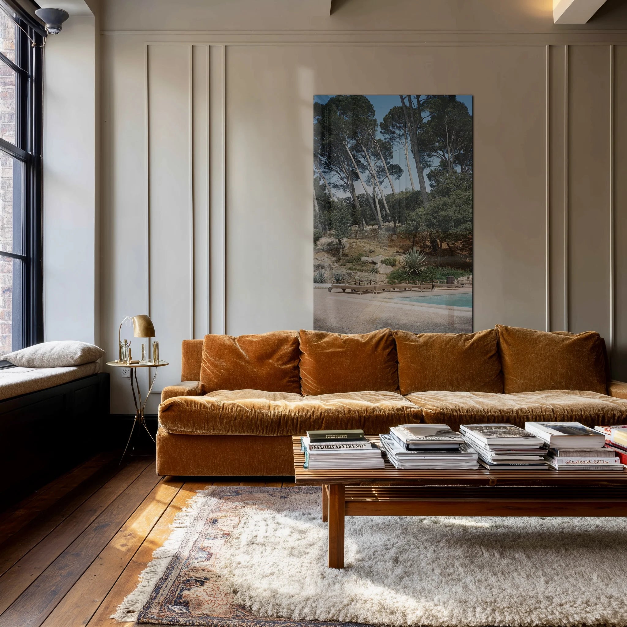 Piscina in a quiet reading nook with linen curtains, a brass floor lamp and an open book