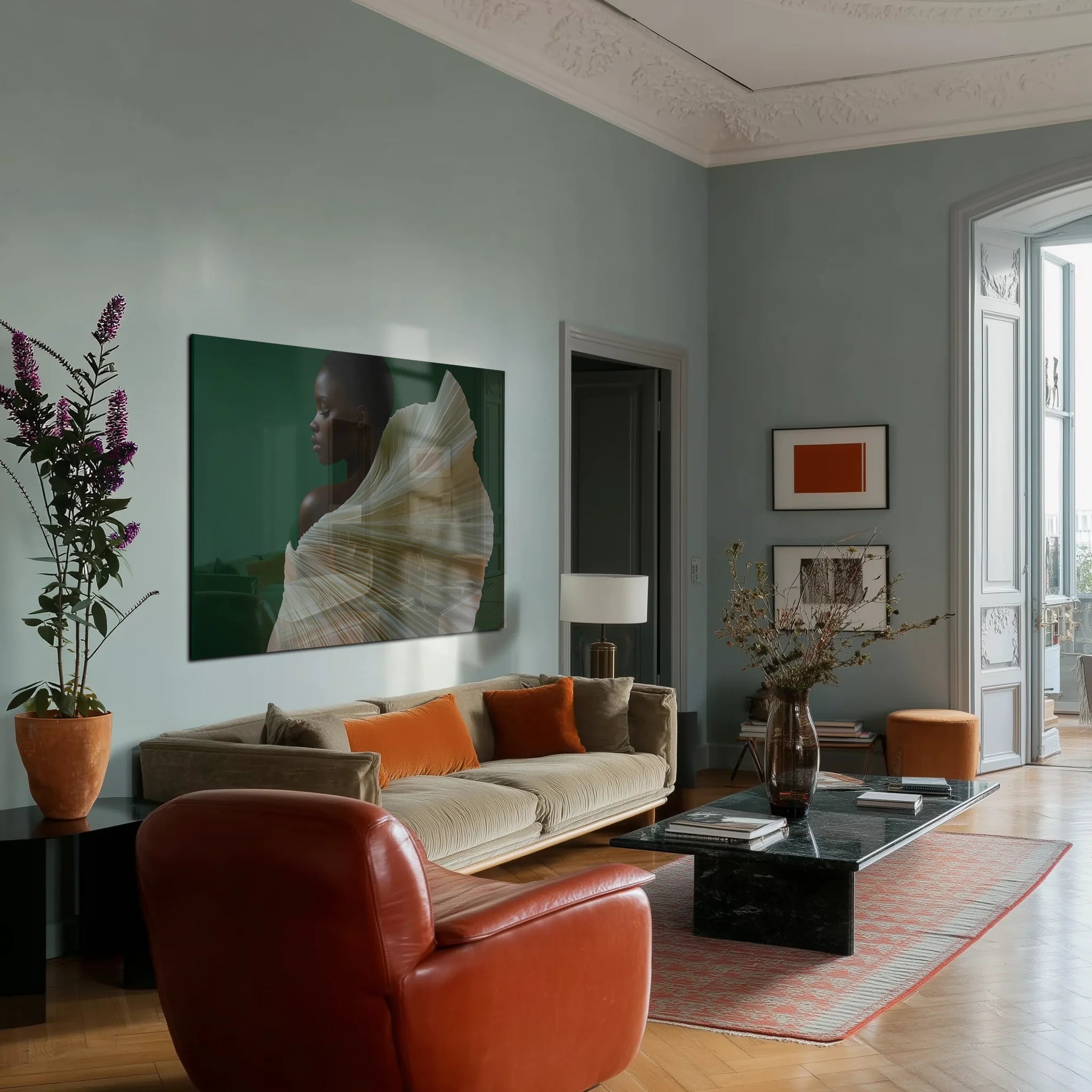 Quiet Majesty 1 above a linen sofa in a warm Berlin altbau living room with brass lamp