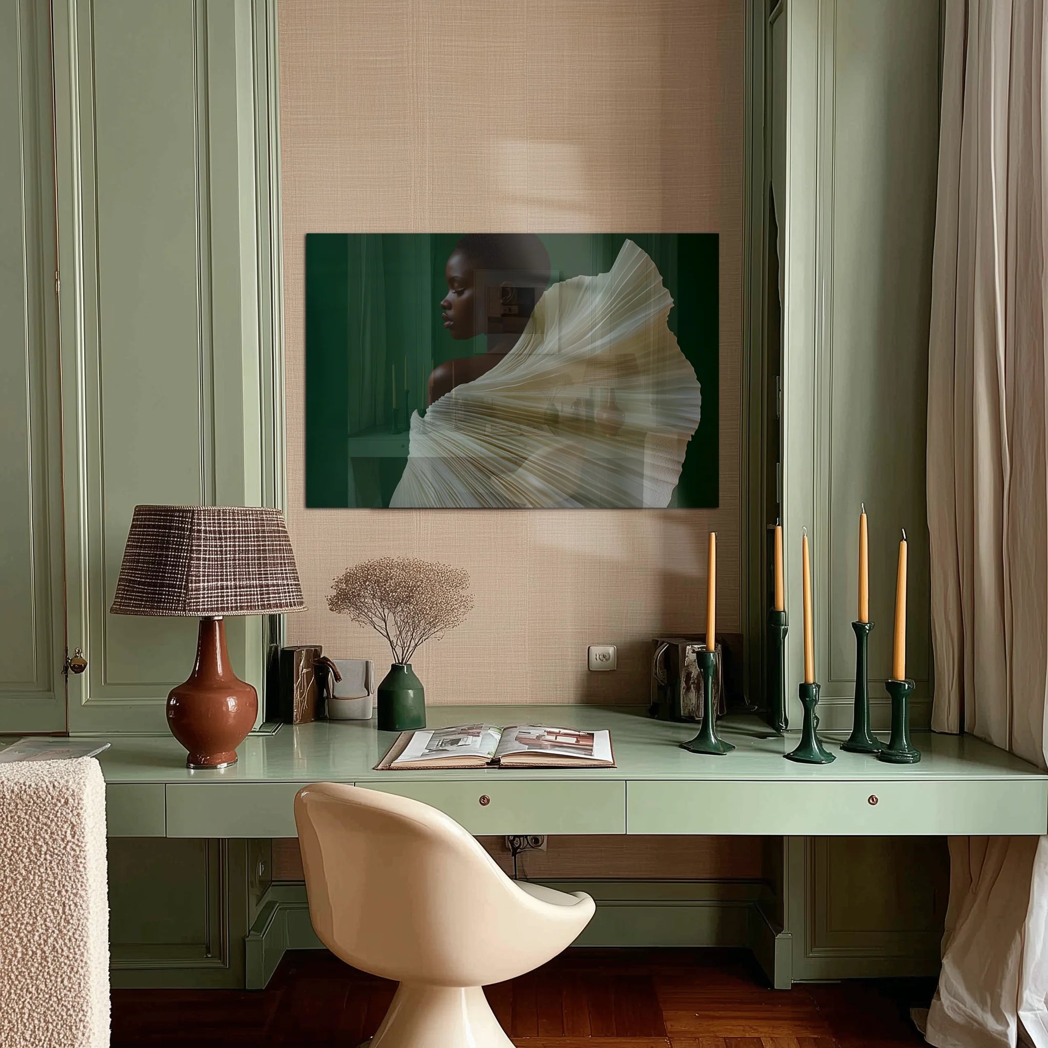 Quiet Majesty 1 in a creative studio with white desk, drafting lamp and stacked art books