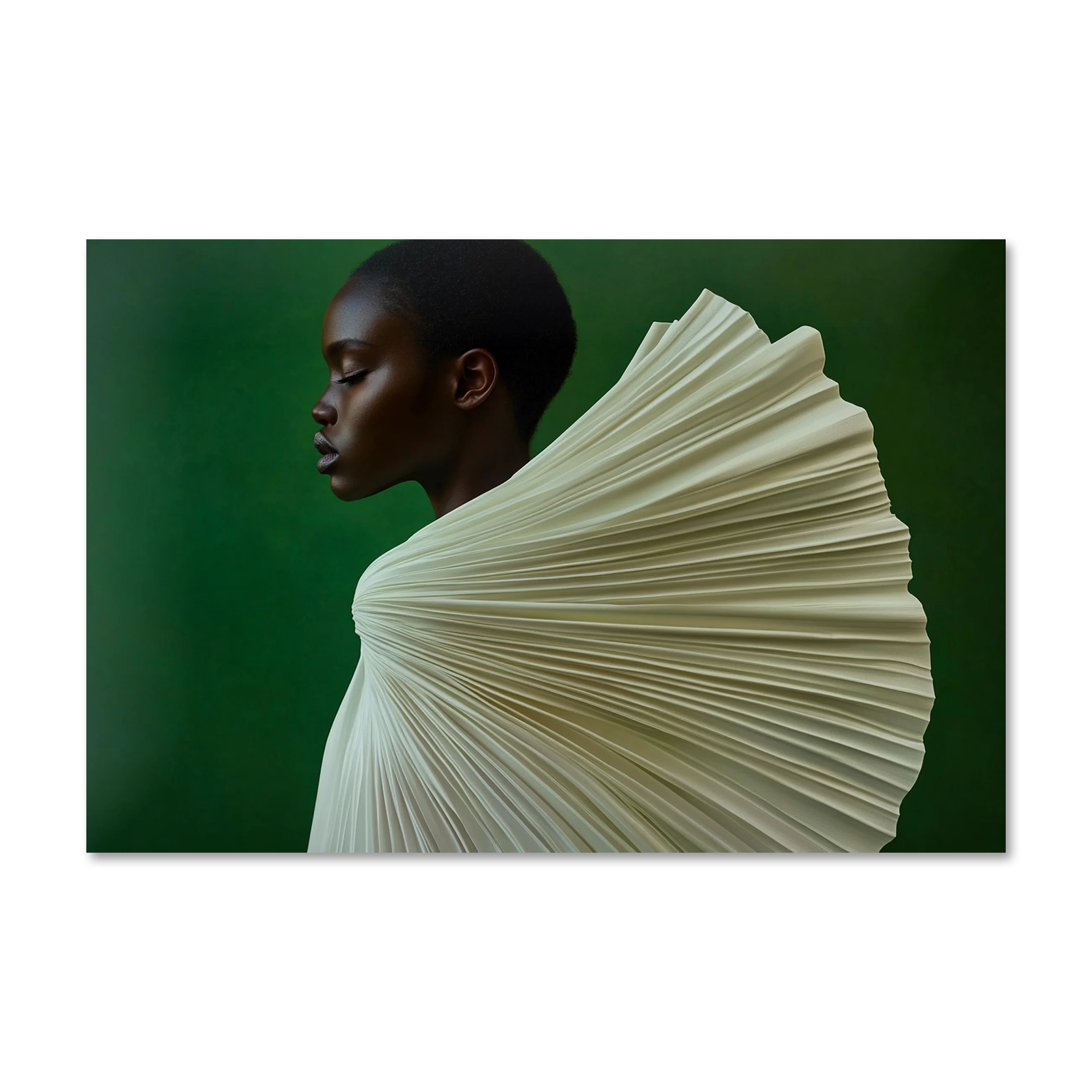 Quiet Majesty 2 — woman in profile wrapped in pleated ivory against deep emerald wall art