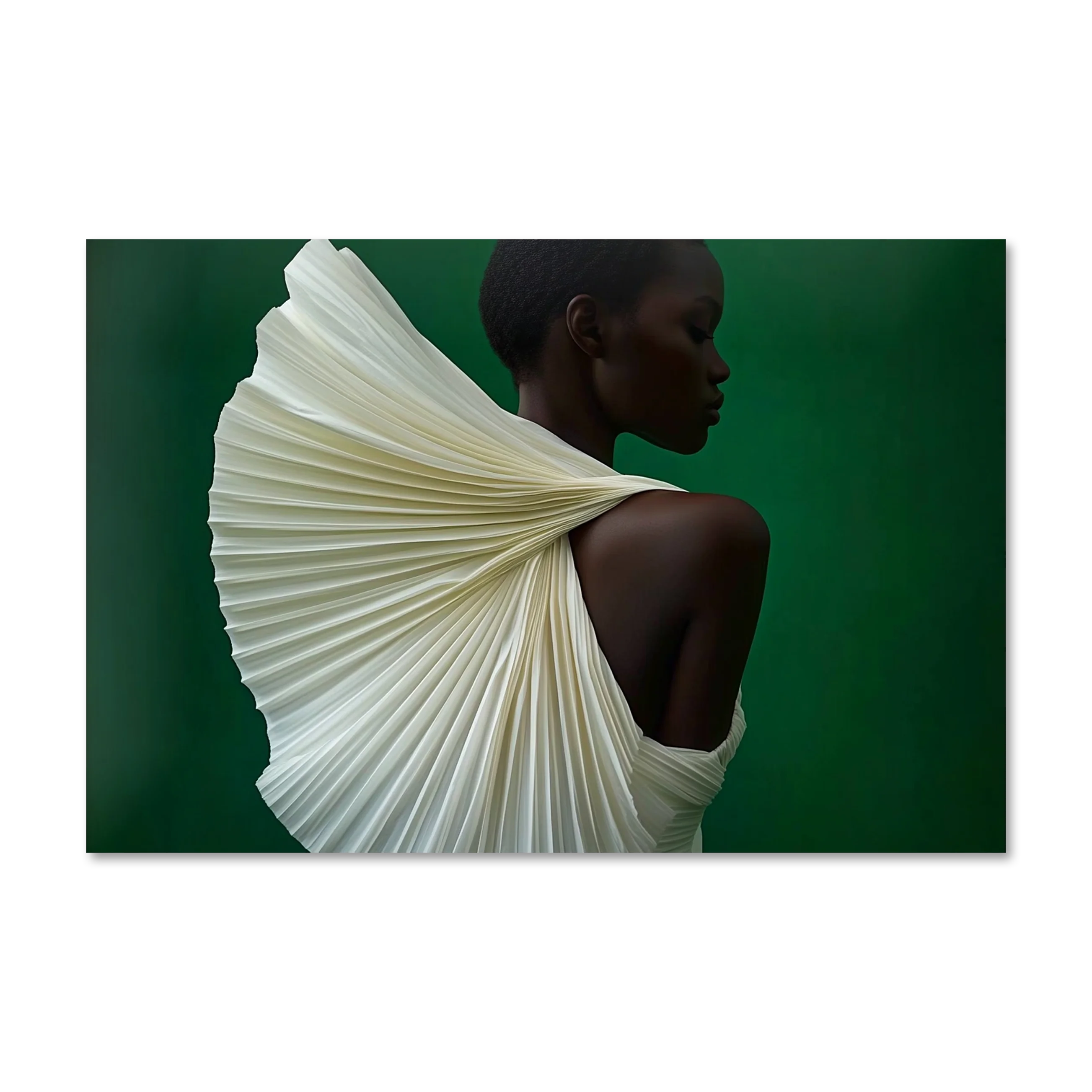 Quiet Majesty 3 — woman in pleated cream drapery against deep emerald, atmospheric portrait wall art