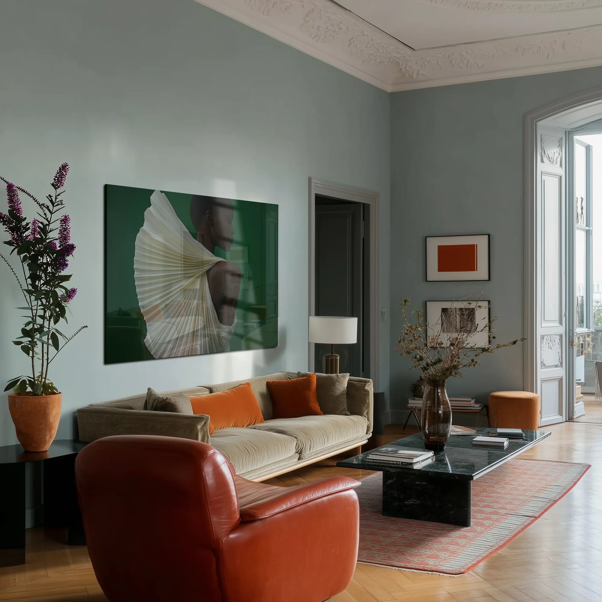 Quiet Majesty 3 above a linen sofa in a soft Berlin altbau living room
