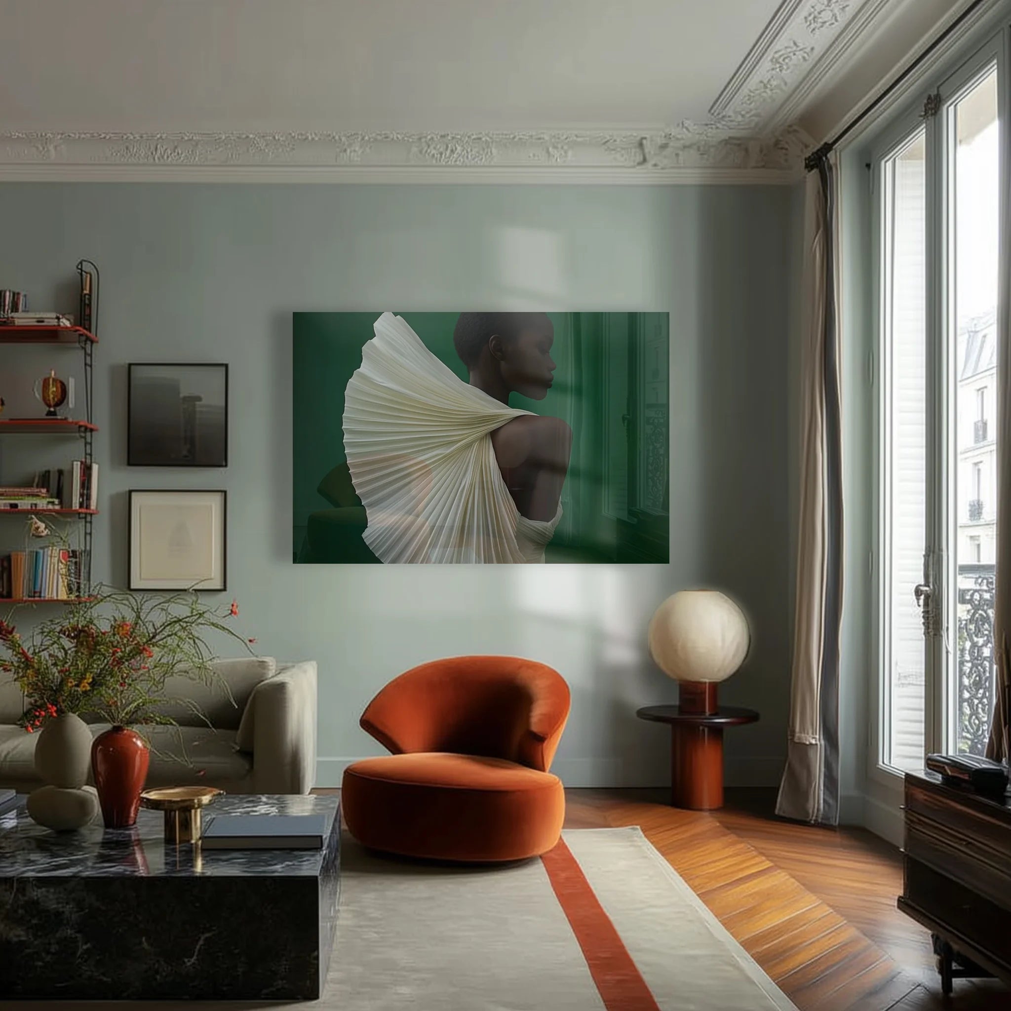 Quiet Majesty 3 in a moody bedroom with deep green walls and brass lamp