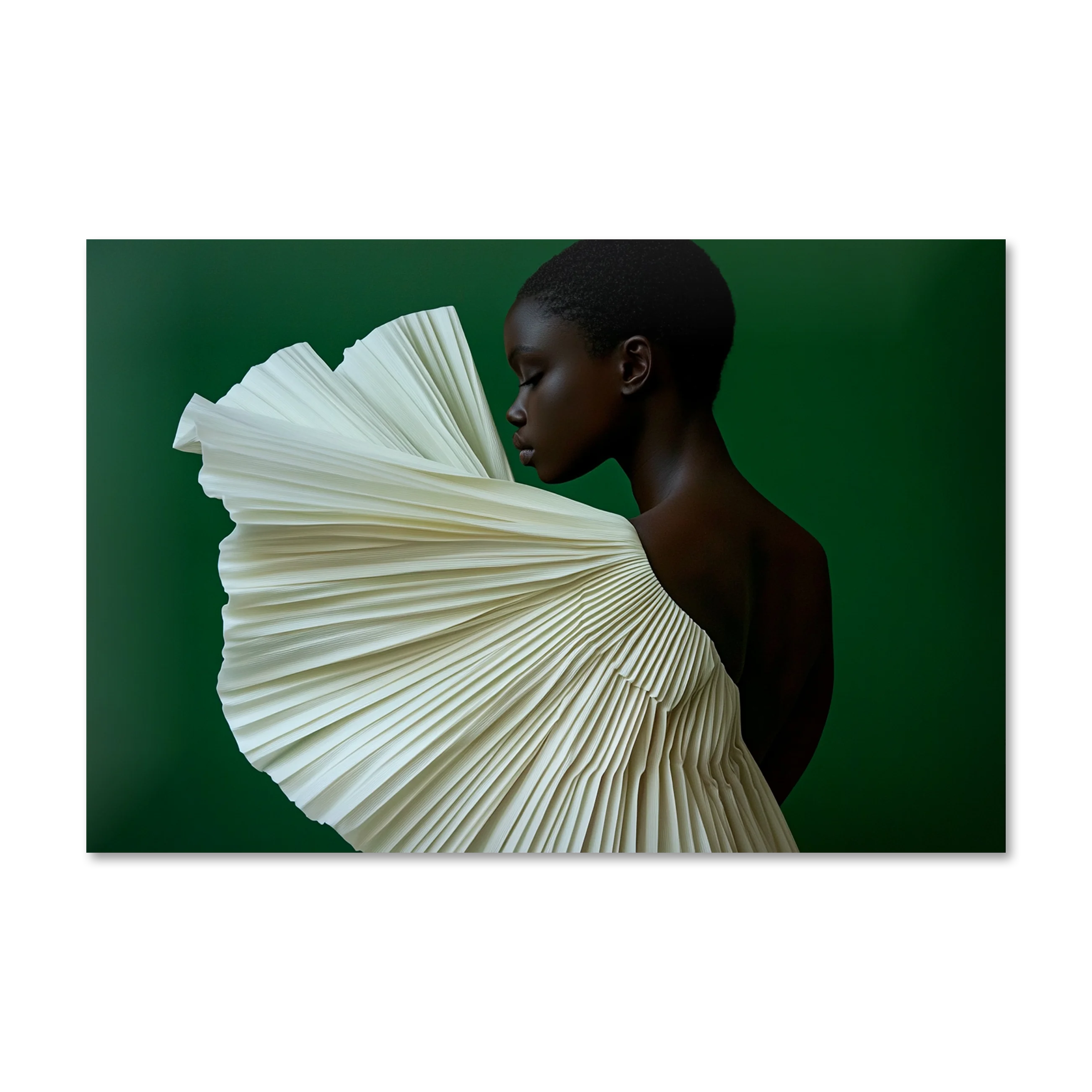 Quiet Majesty 4 — profile portrait in cream pleats against forest green, frameless Alu-Dibond