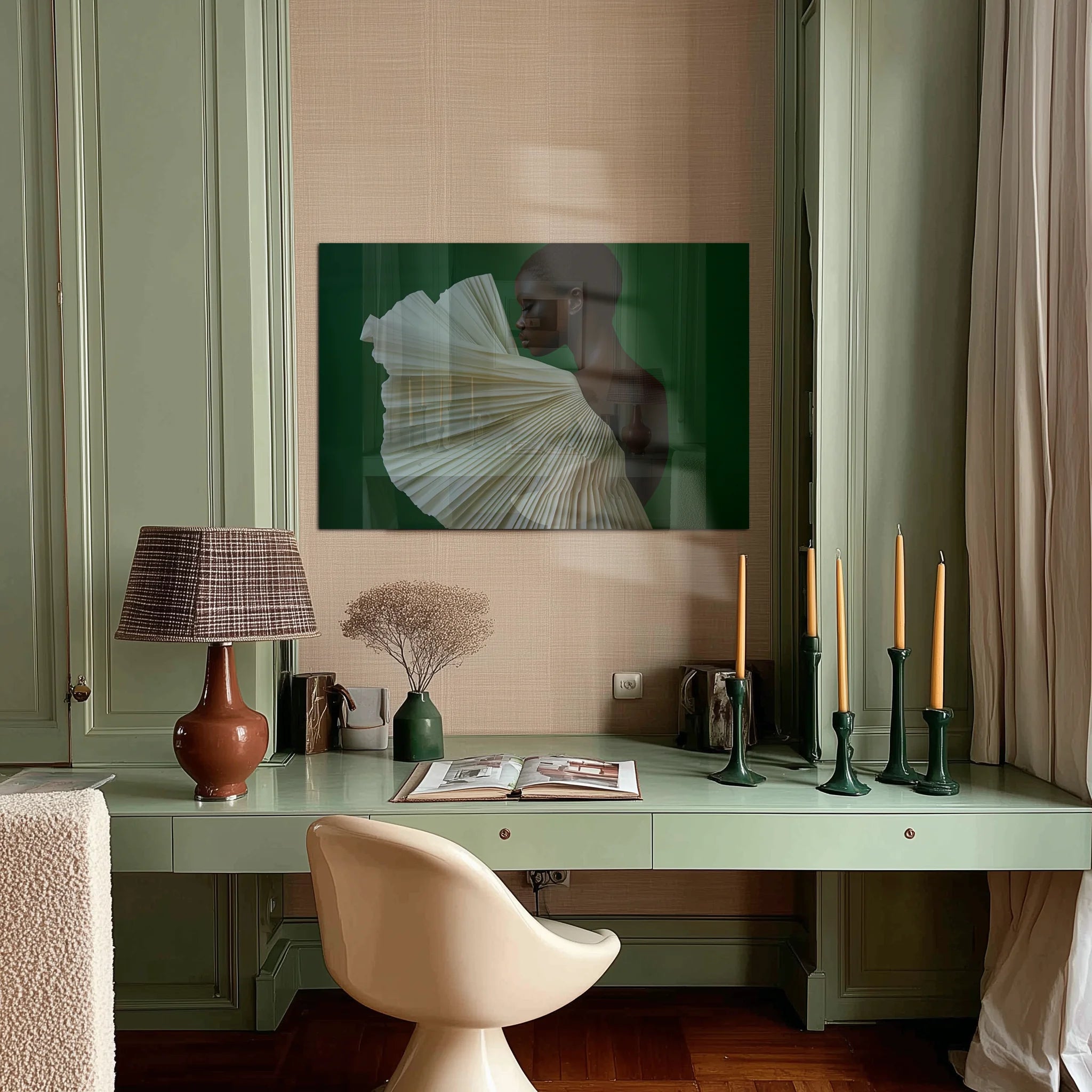 Quiet Majesty 4 in a study lined with books, leather chair and a low table lamp
