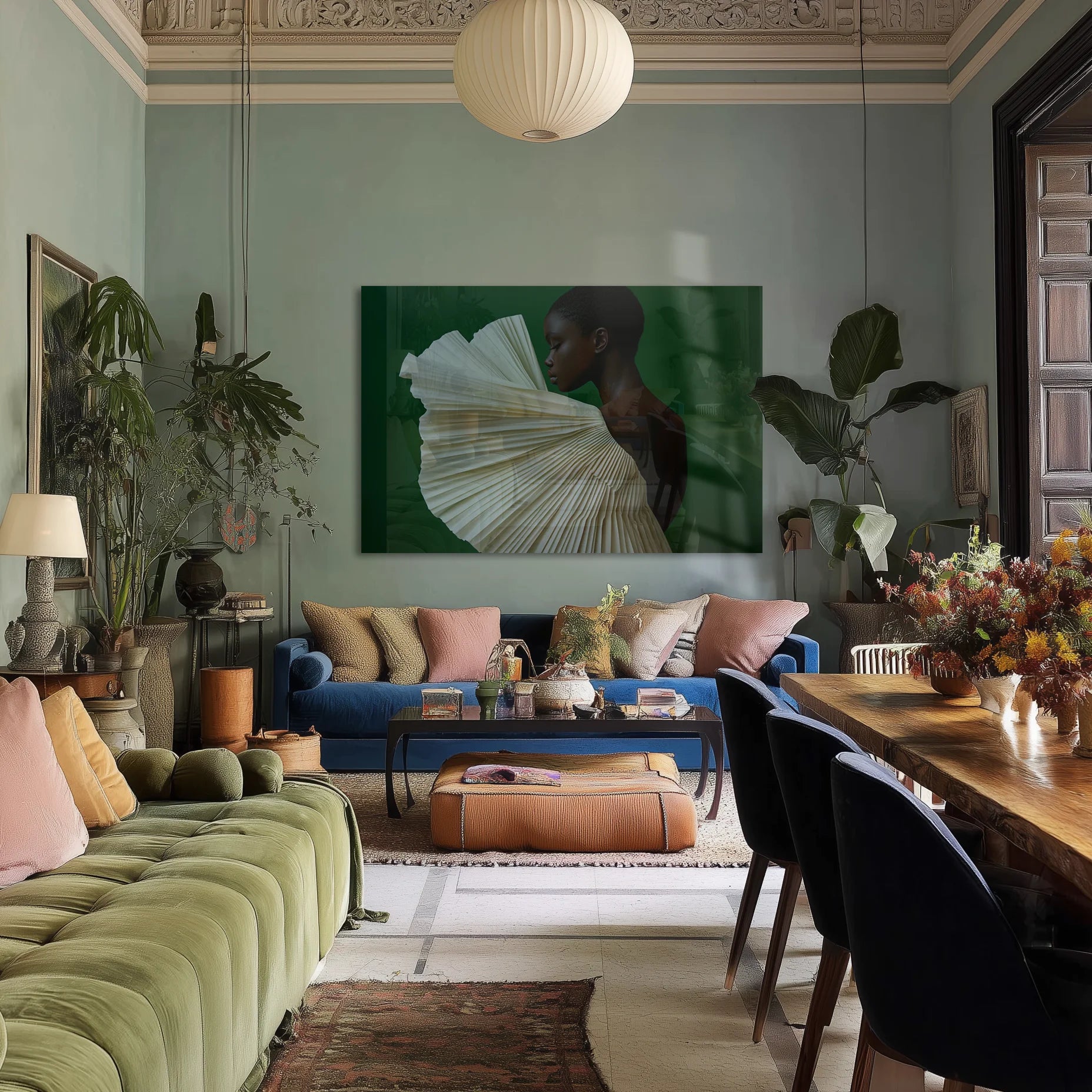 Quiet Majesty 4 in a green-painted sitting room with brass details and deep evening light