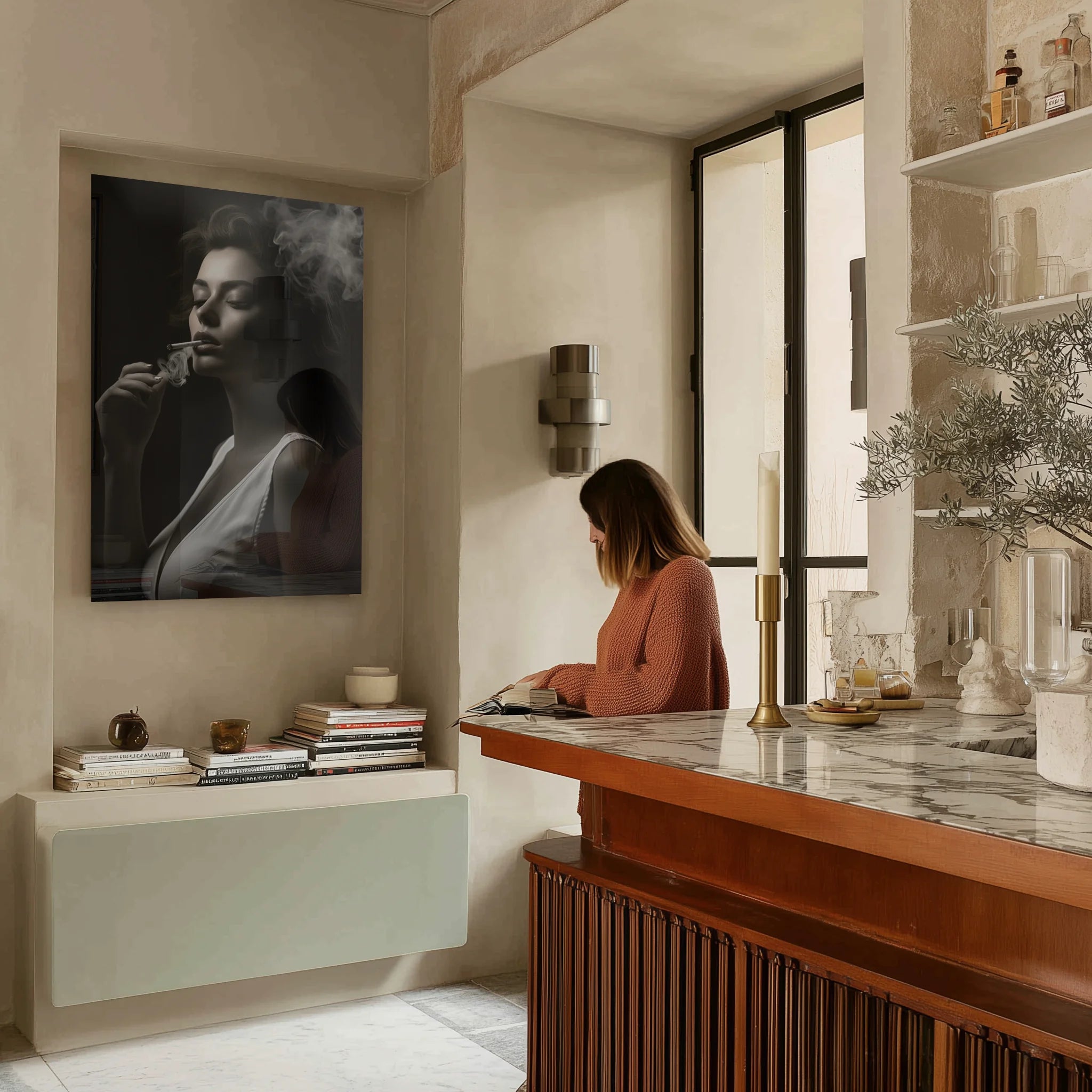 Shades of Tomorrow 5 in a minimalist marble bathroom under warm sconce light
